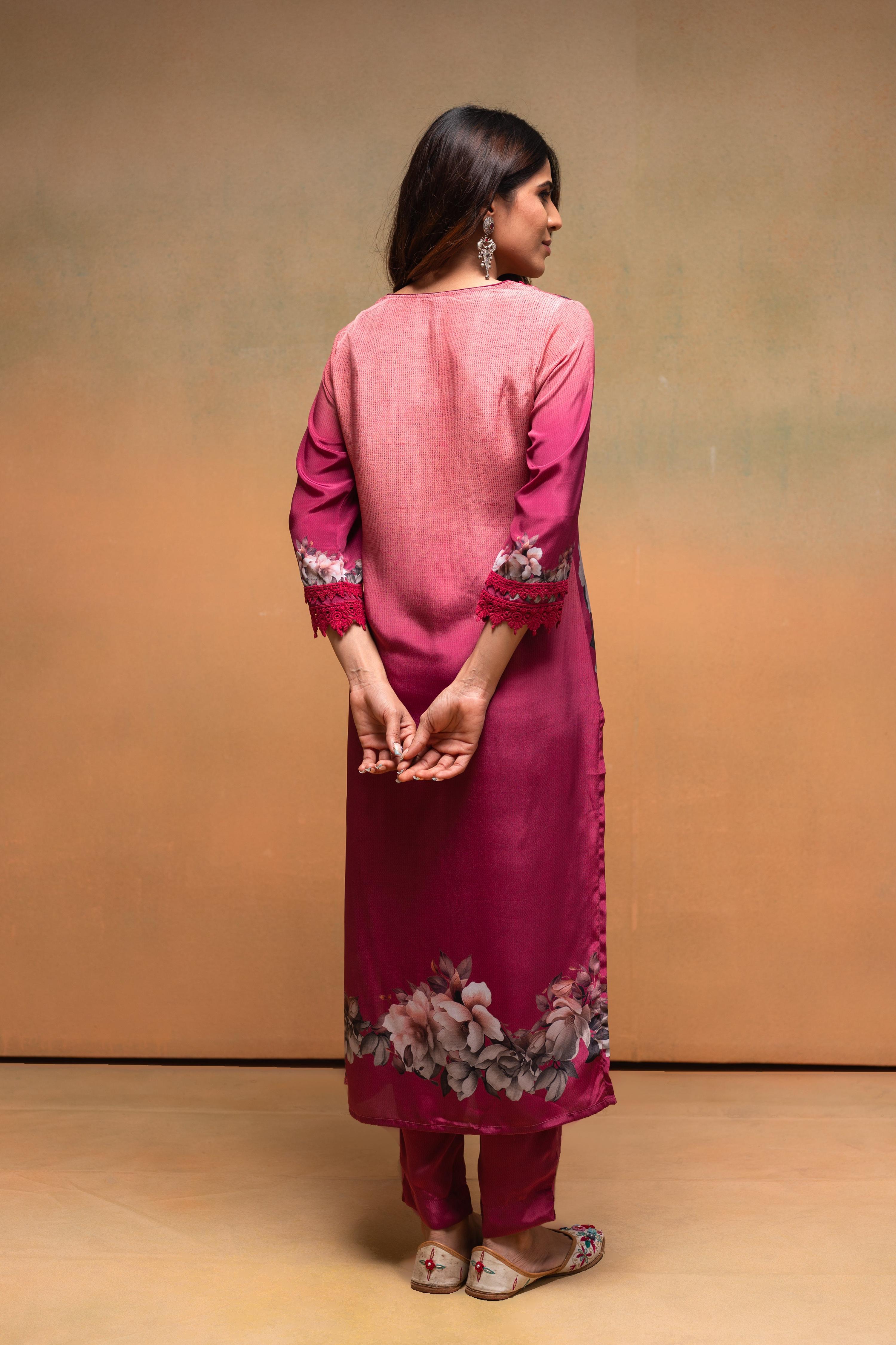 Juniper Magenta Man Made Fiber Floral Printed Kurta With Pants & Dupatta Set With Lace Work | Grocsy