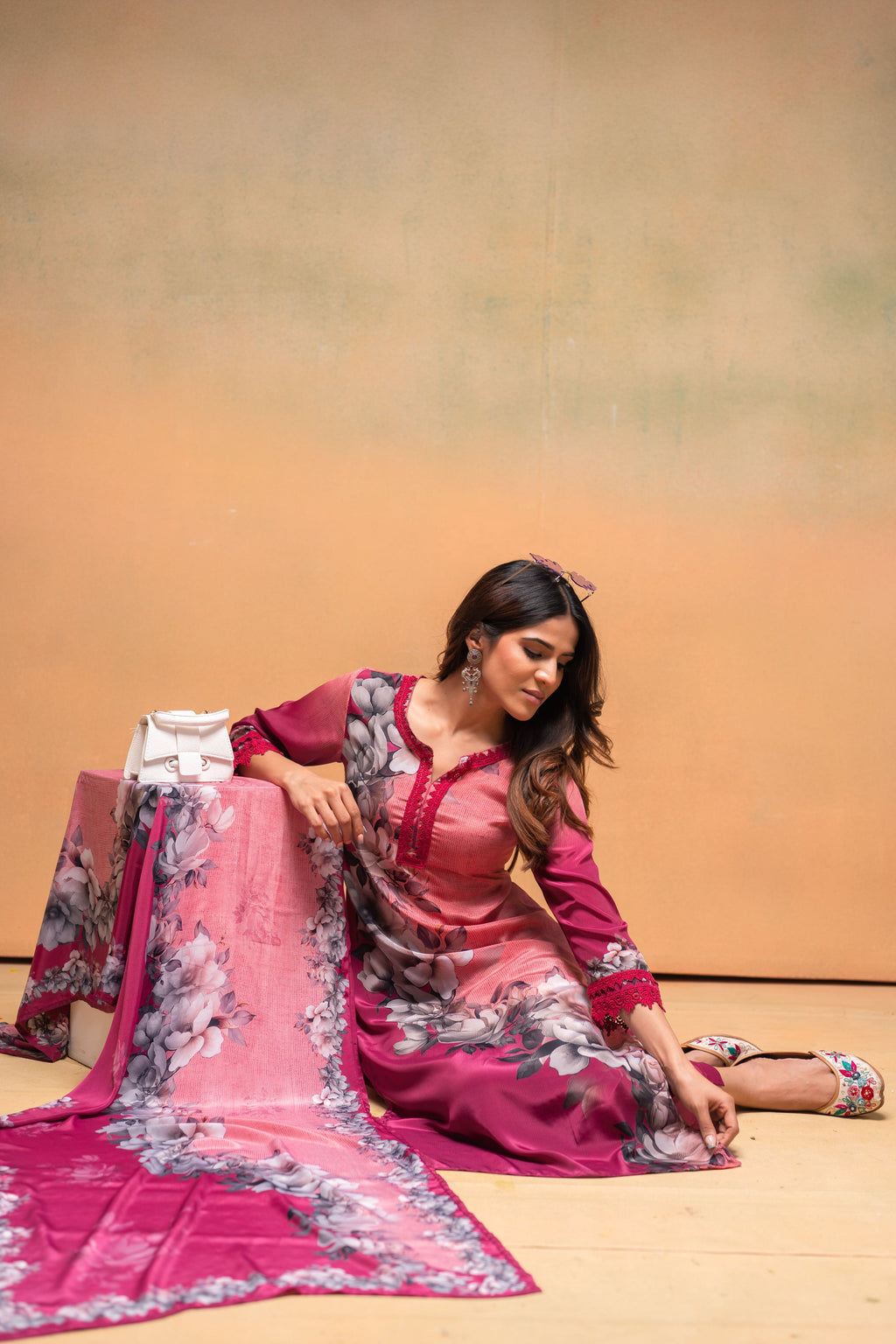 Juniper Magenta Man Made Fiber Floral Printed Kurta With Pants & Dupatta Set With Lace Work | Grocsy
