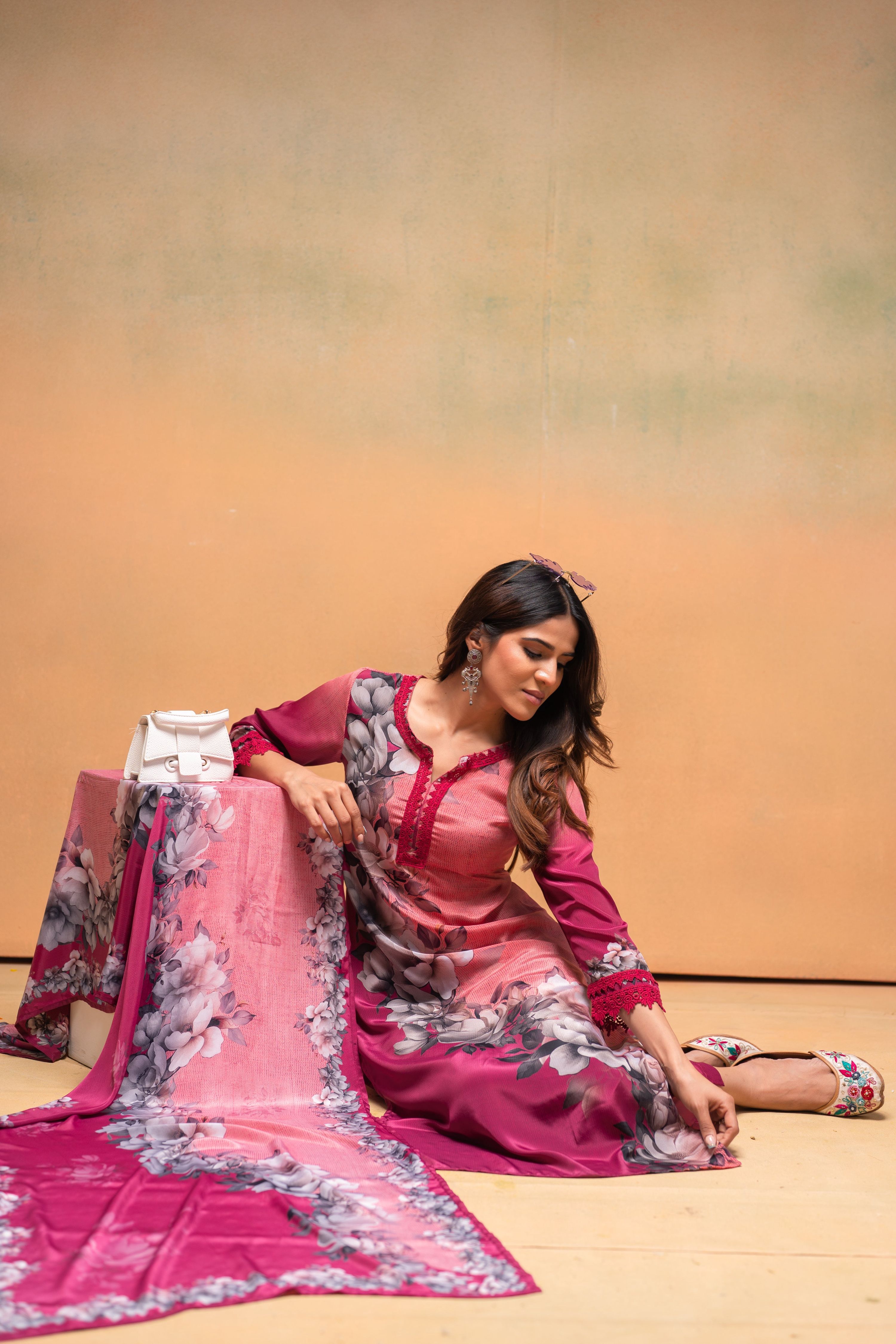 Juniper Magenta Man Made Fiber Floral Printed Kurta With Pants & Dupatta Set With Lace Work | Grocsy