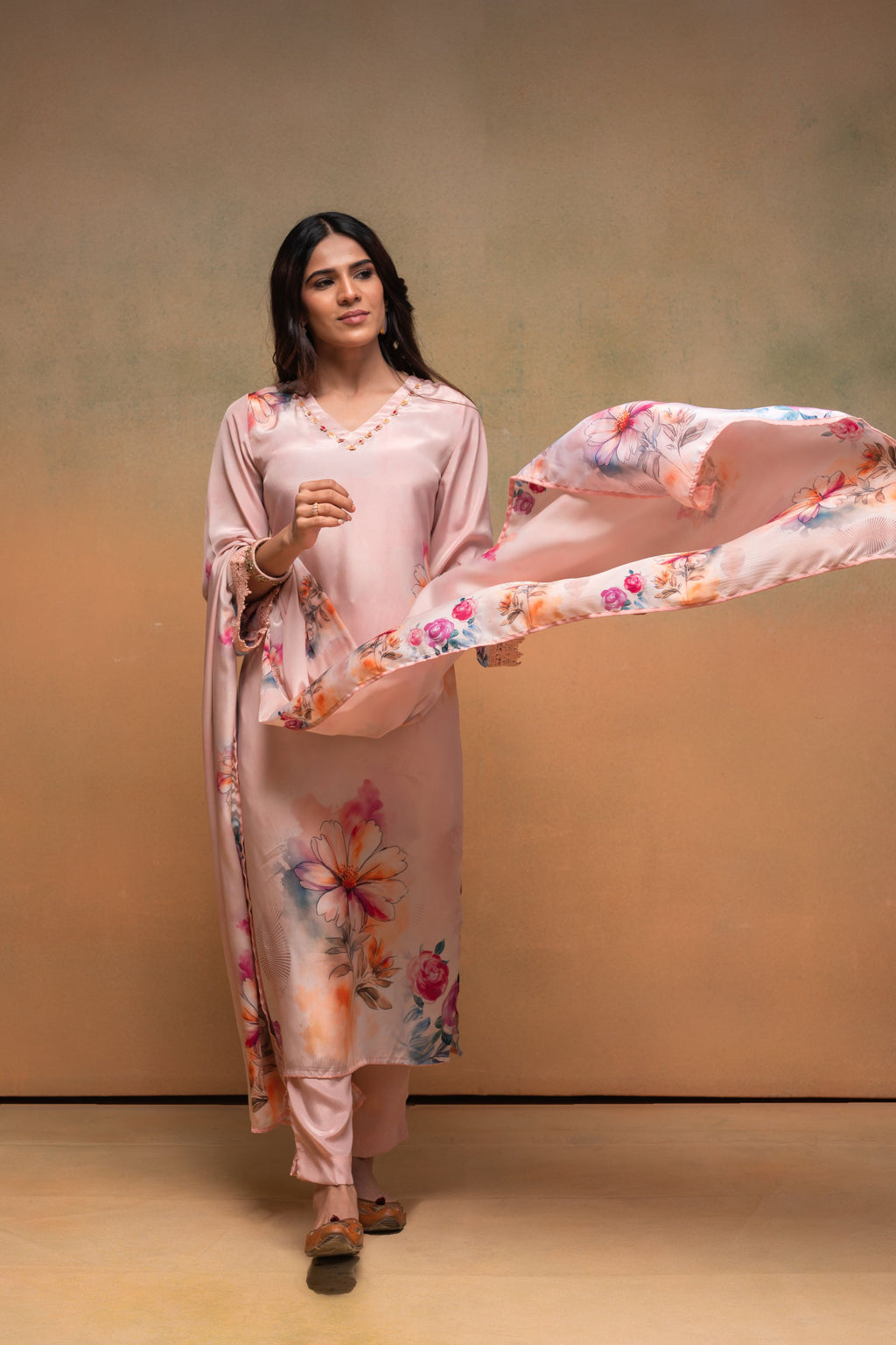 Juniper Peach Man Made Fiber Floral Printed Kurta With Pants & Dupatta Set With Sequence Work | Grocsy