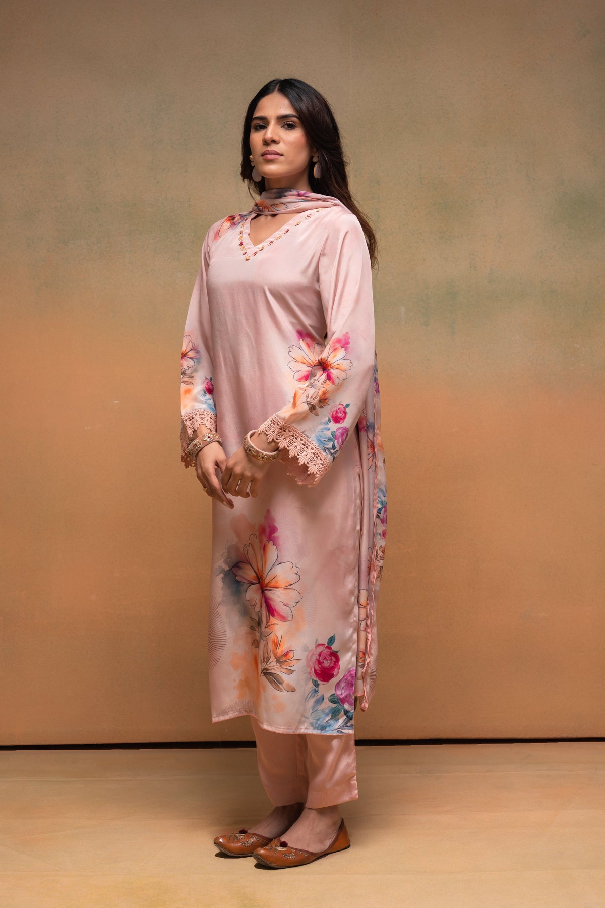 Juniper Peach Man Made Fiber Floral Printed Kurta With Pants & Dupatta Set With Sequence Work | Grocsy