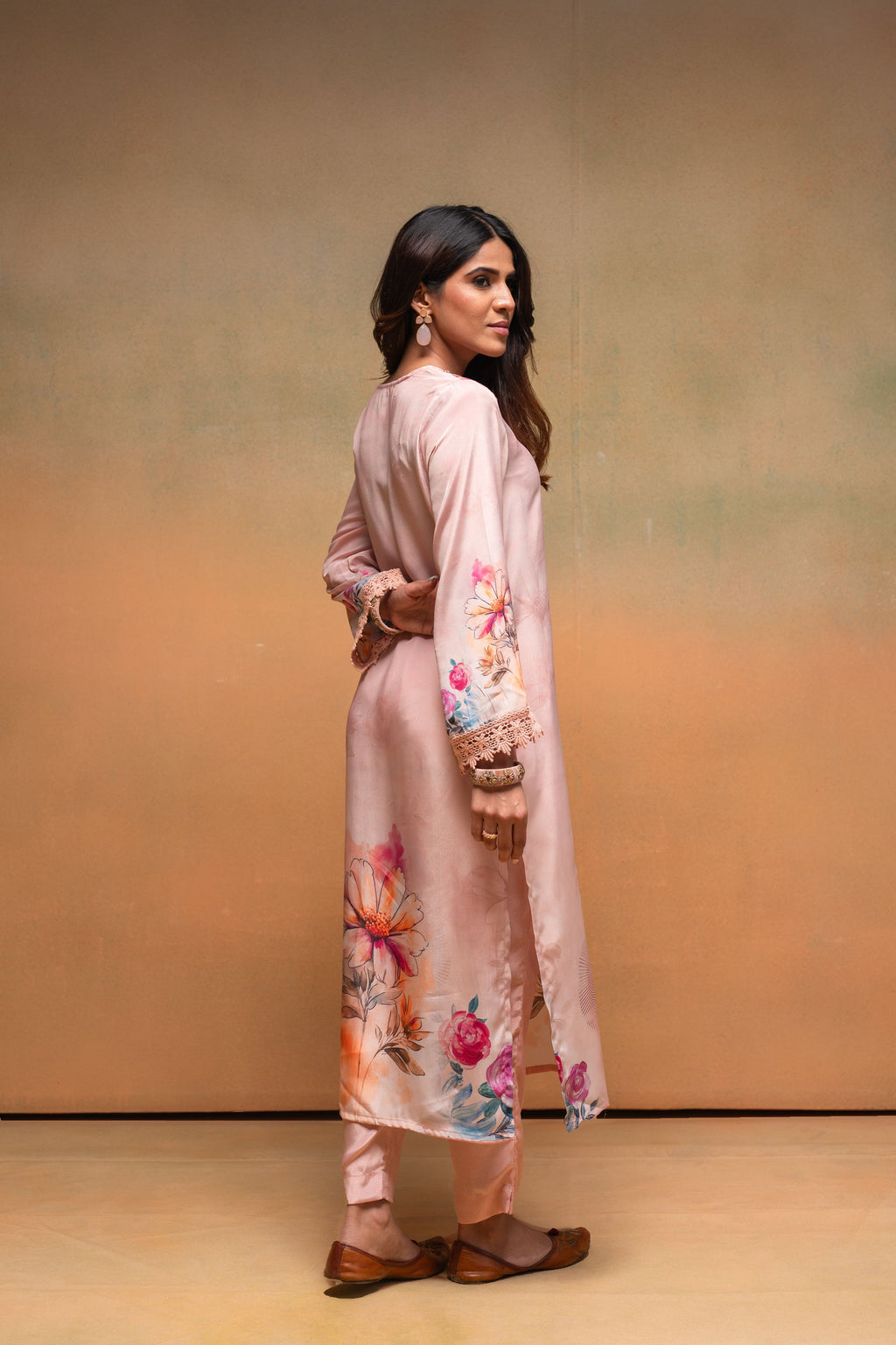 Juniper Peach Man Made Fiber Floral Printed Kurta With Pants & Dupatta Set With Sequence Work | Grocsy