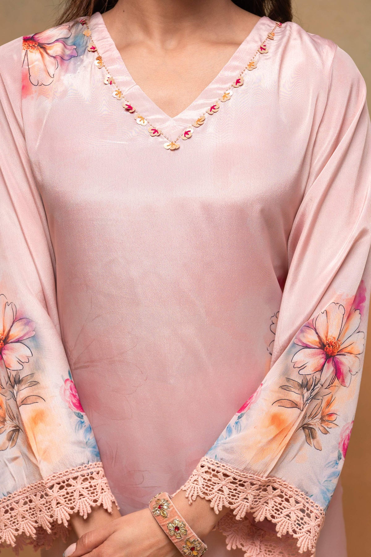 Juniper Peach Man Made Fiber Floral Printed Kurta With Pants & Dupatta Set With Sequence Work | Grocsy