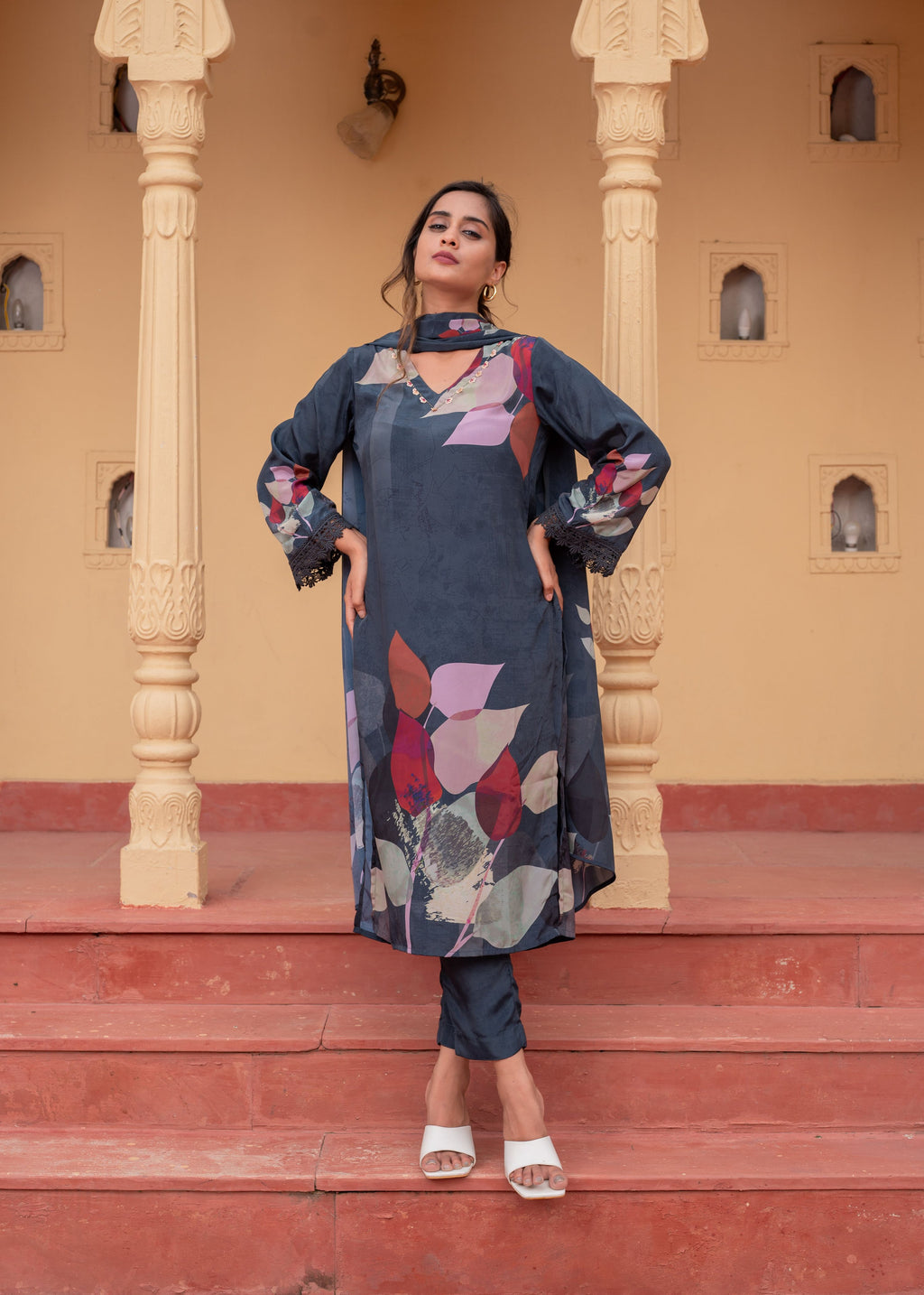 Juniper Navy Man Made Fiber Floral Printed Kurta With Pants & Dupatta Set With Sequence Work | Grocsy