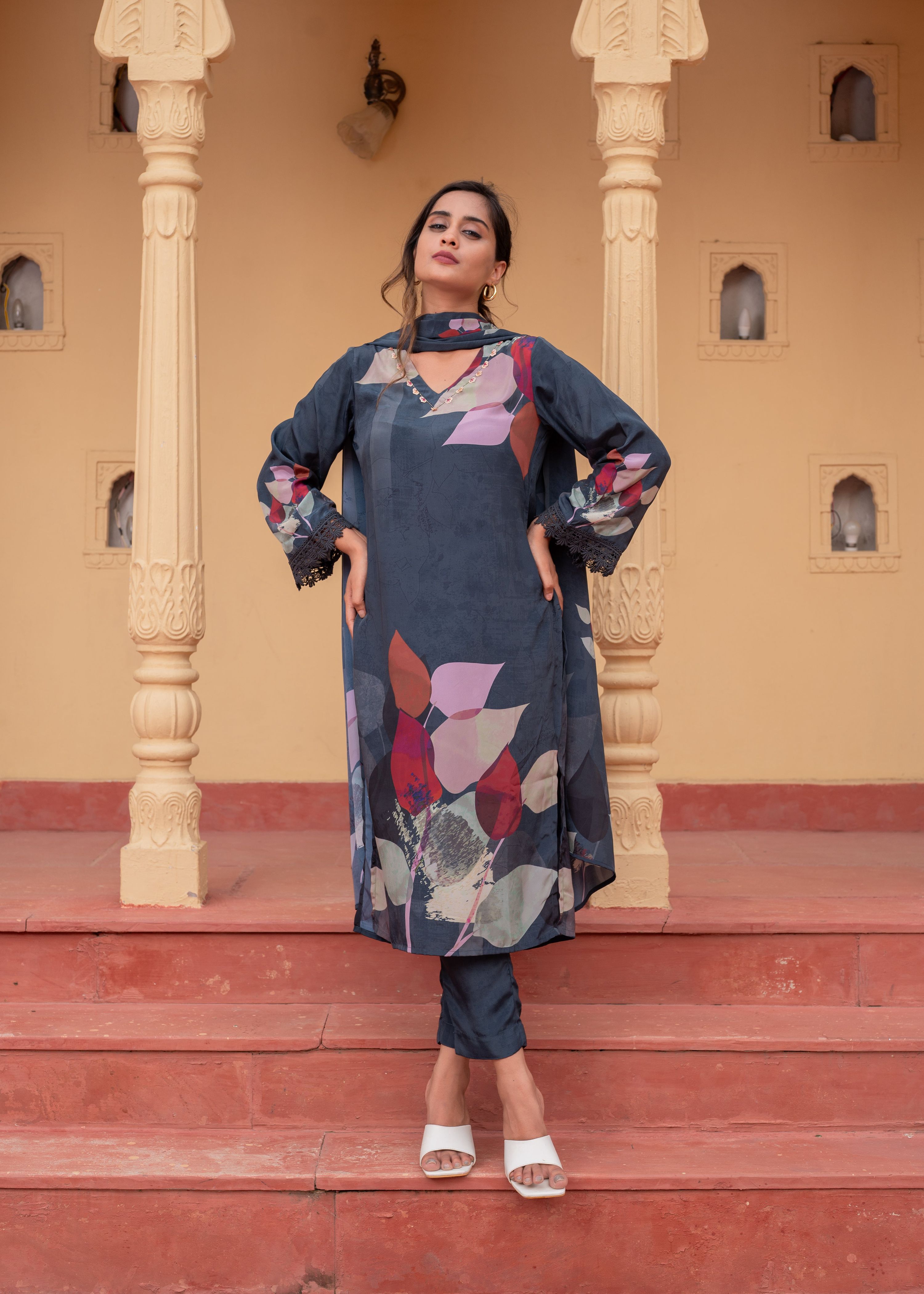 Juniper Navy Man Made Fiber Floral Printed Kurta With Pants & Dupatta Set With Sequence Work | Grocsy