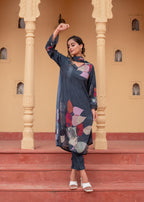 Juniper Navy Man Made Fiber Floral Printed Kurta With Pants & Dupatta Set With Sequence Work | Grocsy