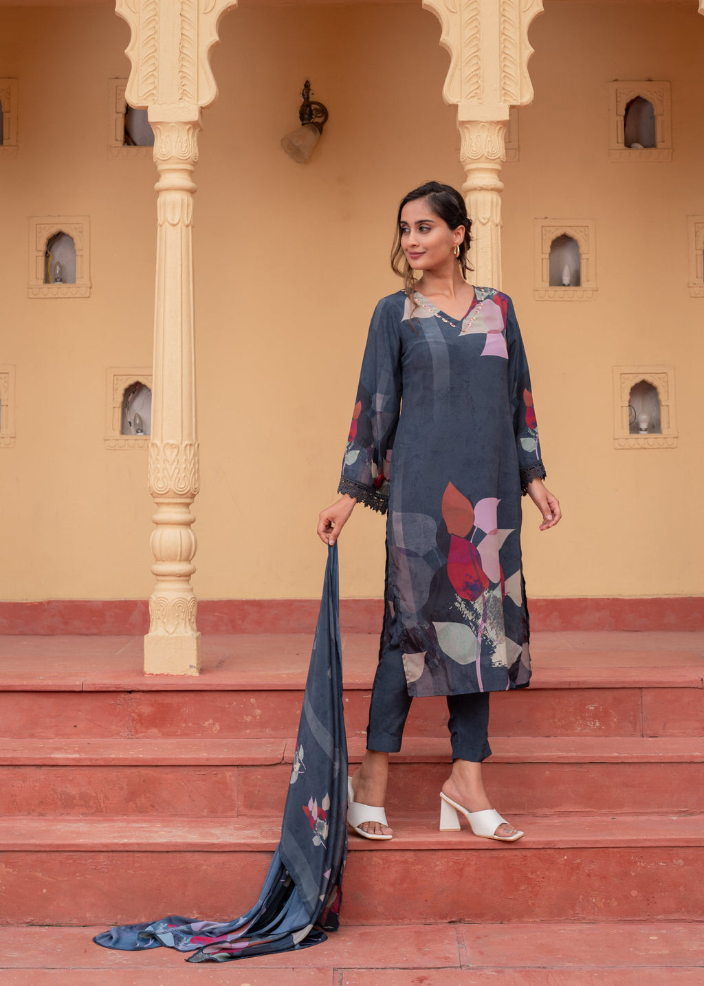 Juniper Navy Man Made Fiber Floral Printed Kurta With Pants & Dupatta Set With Sequence Work | Grocsy