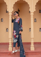 Juniper Navy Man Made Fiber Floral Printed Kurta With Pants & Dupatta Set With Sequence Work | Grocsy