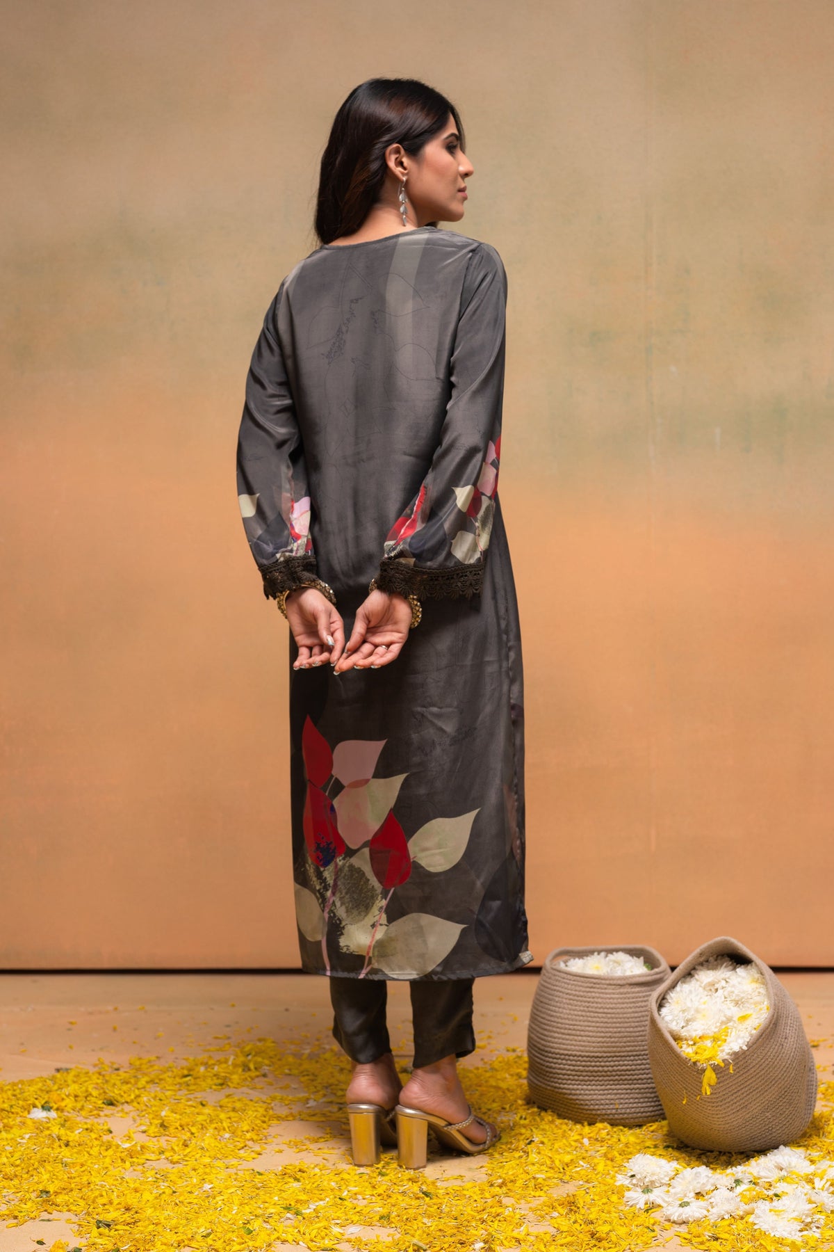 Juniper Olive Man Made Fiber Floral Printed Kurta With Pants & Dupatta Set With Sequence Work | Grocsy