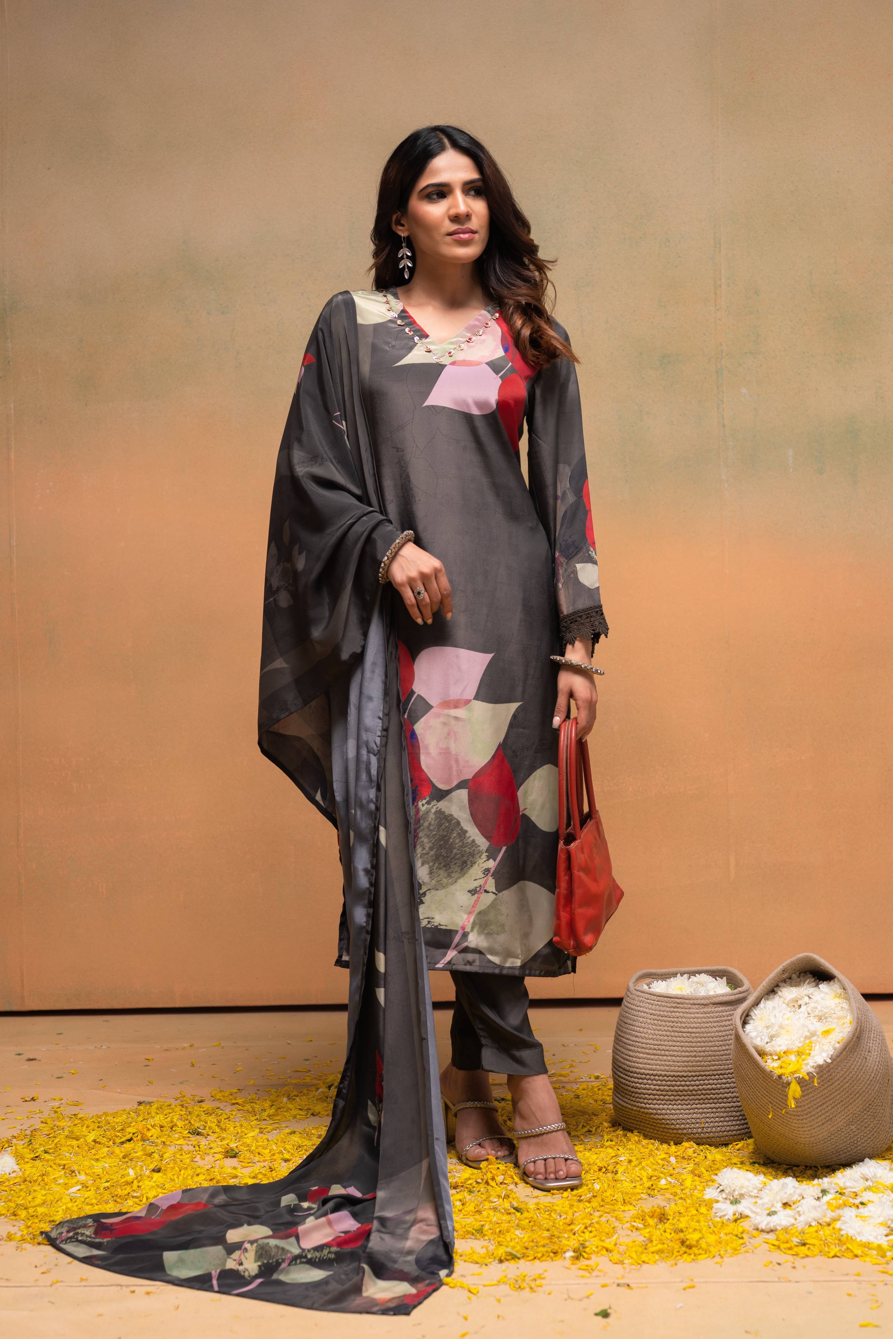 Juniper Olive Man Made Fiber Floral Printed Kurta With Pants & Dupatta Set With Sequence Work | Grocsy