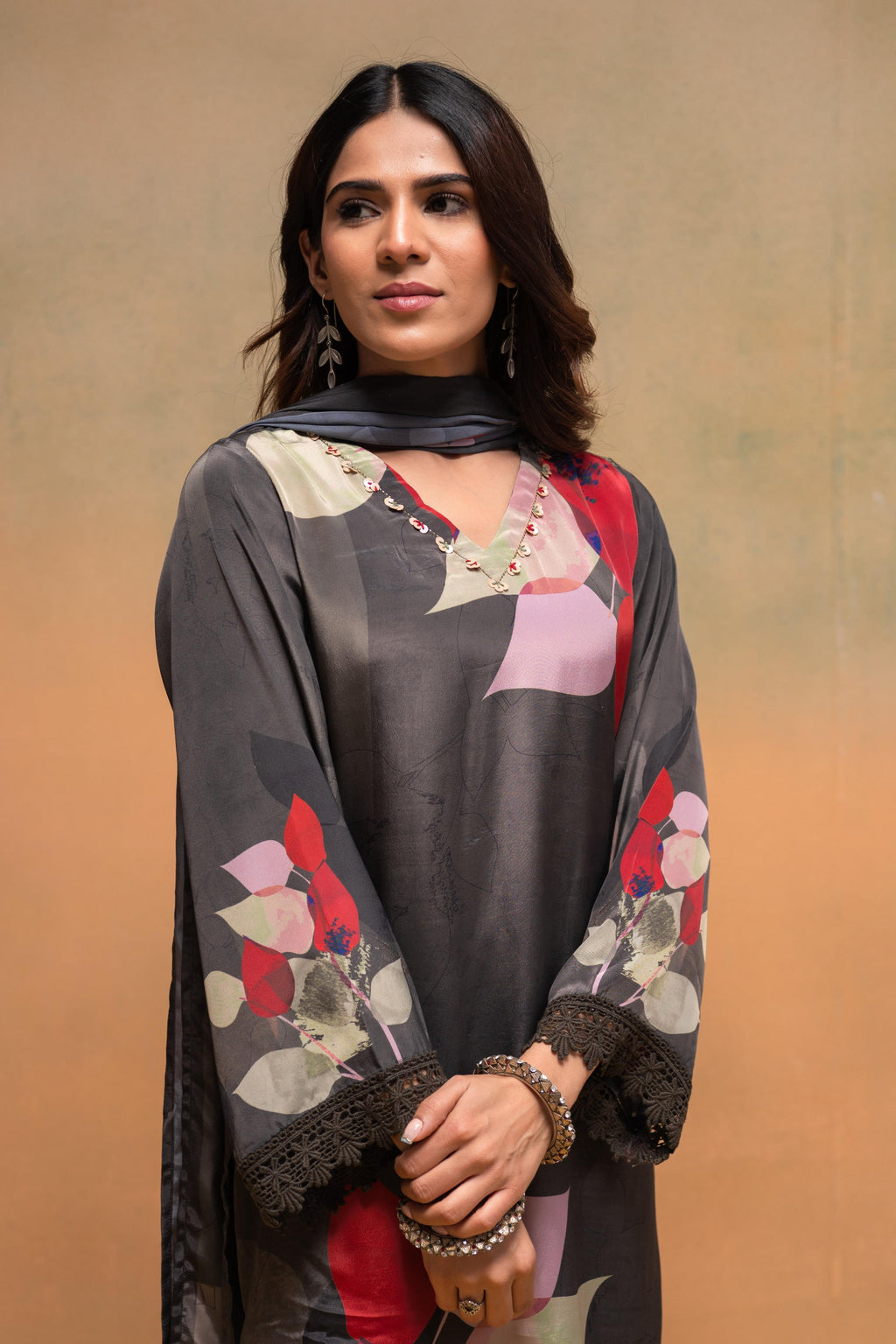 Juniper Olive Man Made Fiber Floral Printed Kurta With Pants & Dupatta Set With Sequence Work | Grocsy