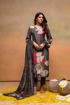 Juniper Olive Man Made Fiber Floral Printed Kurta With Pants & Dupatta Set With Sequence Work | Grocsy