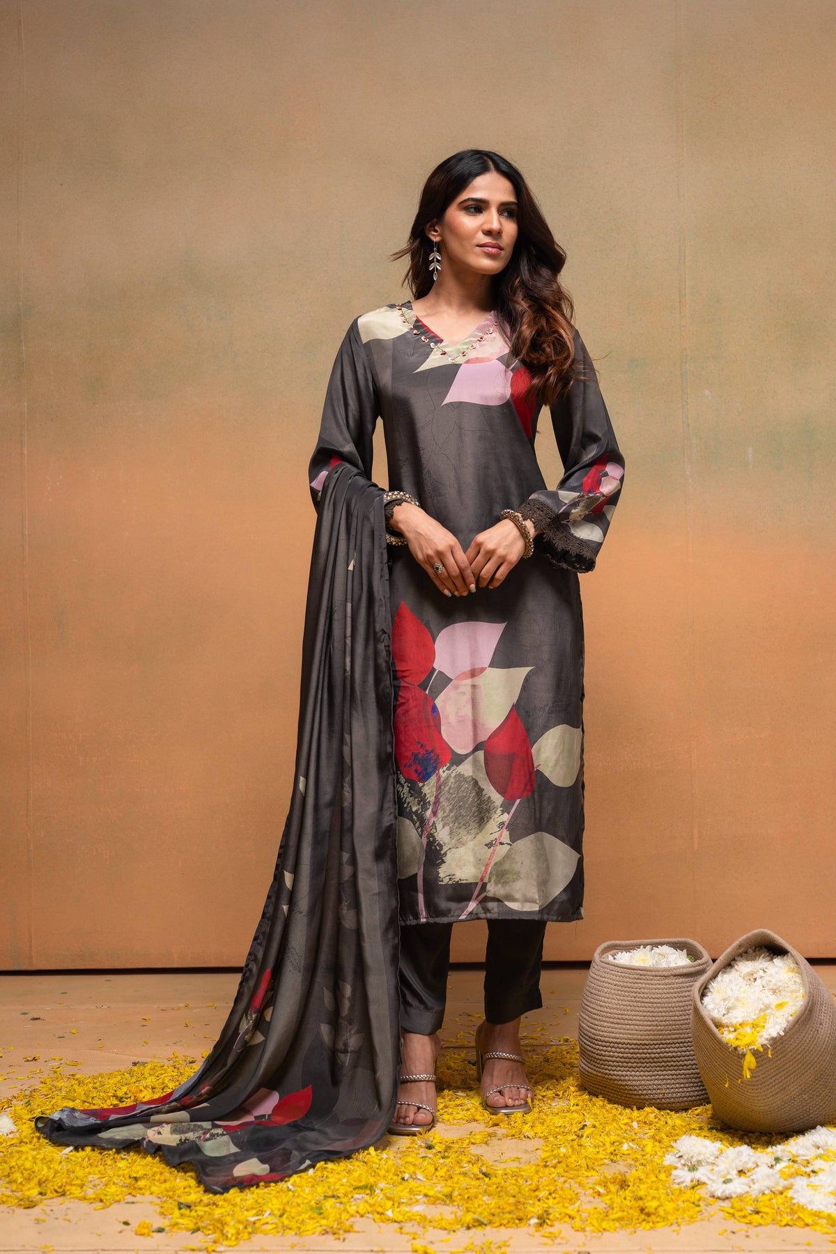 Juniper Olive Man Made Fiber Floral Printed Kurta With Pants & Dupatta Set With Sequence Work | Grocsy