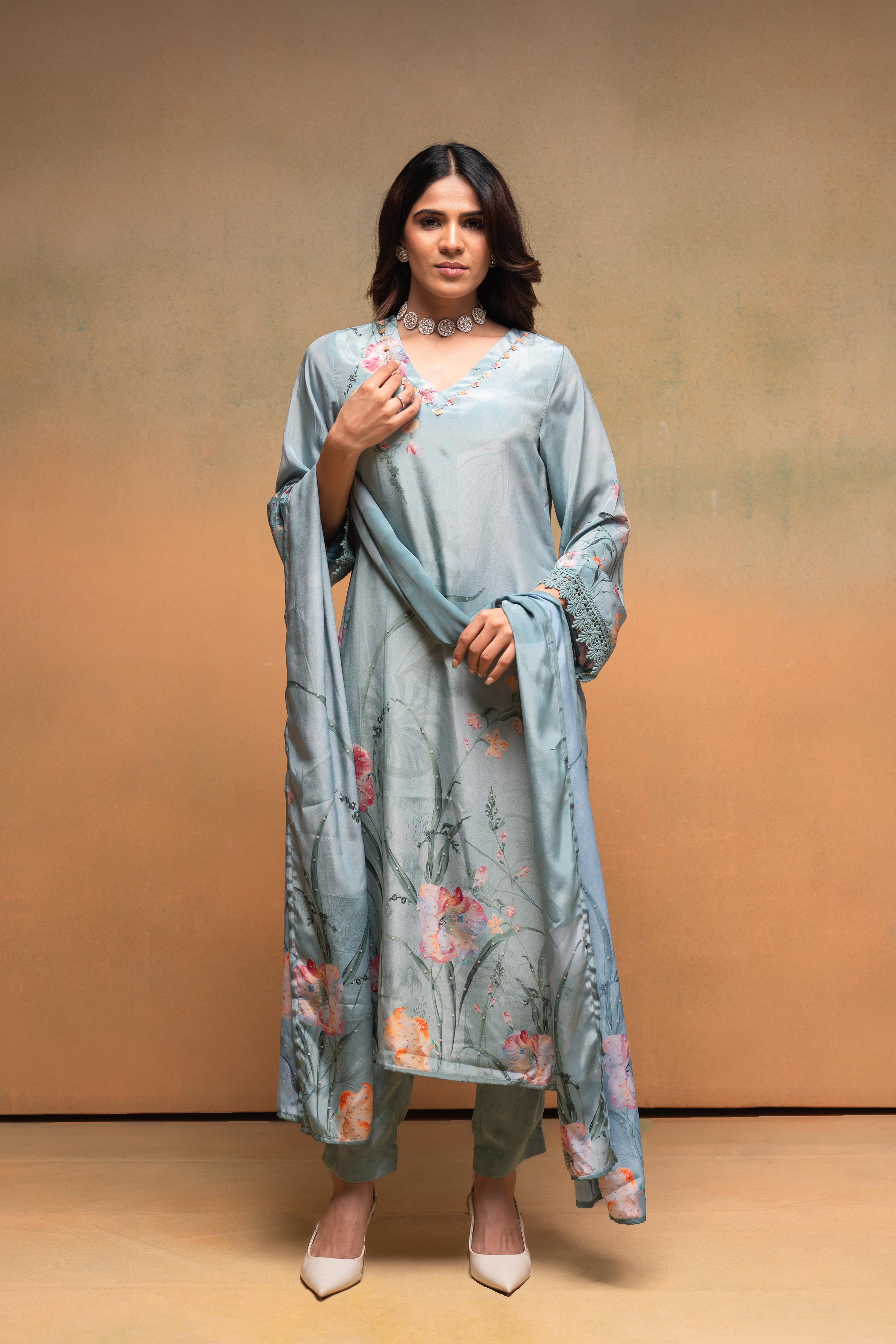 Juniper Mint Meadow Elegance Kurta Pant And Dupatta Set | Grocsy