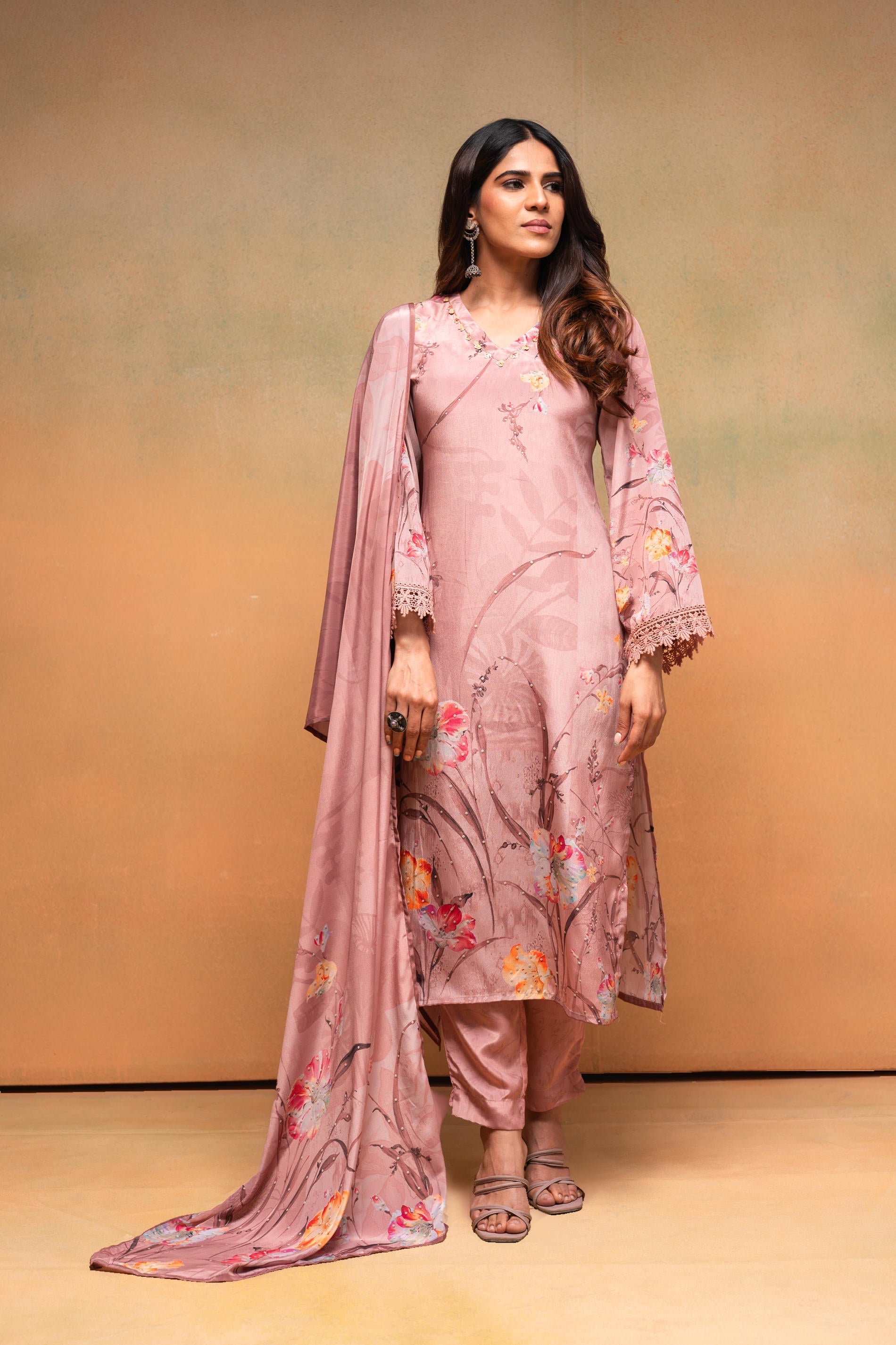 Juniper Peach Floral Embellished Straight Kurta Pant And Dupatta Set With Beads & Sequence Work | Grocsy