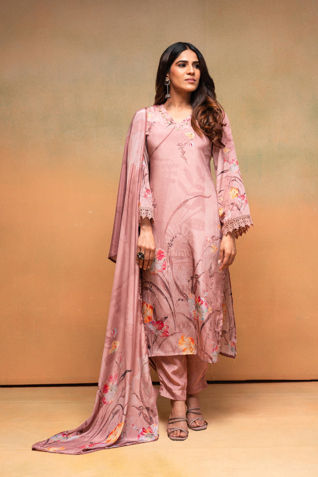 Juniper Peach Floral Embellished Straight Kurta Pant And Dupatta Set With Beads & Sequence Work | Grocsy