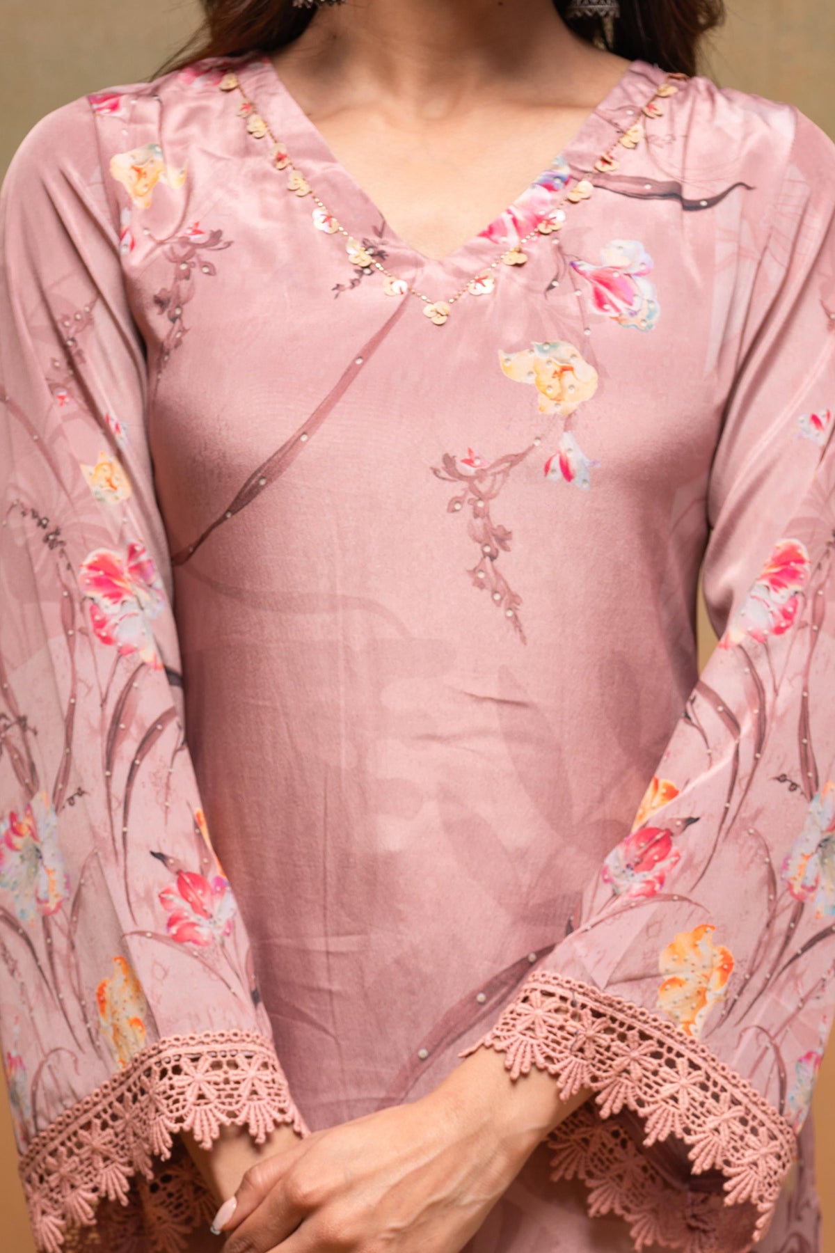 Juniper Peach Floral Embellished Straight Kurta Pant And Dupatta Set With Beads & Sequence Work | Grocsy