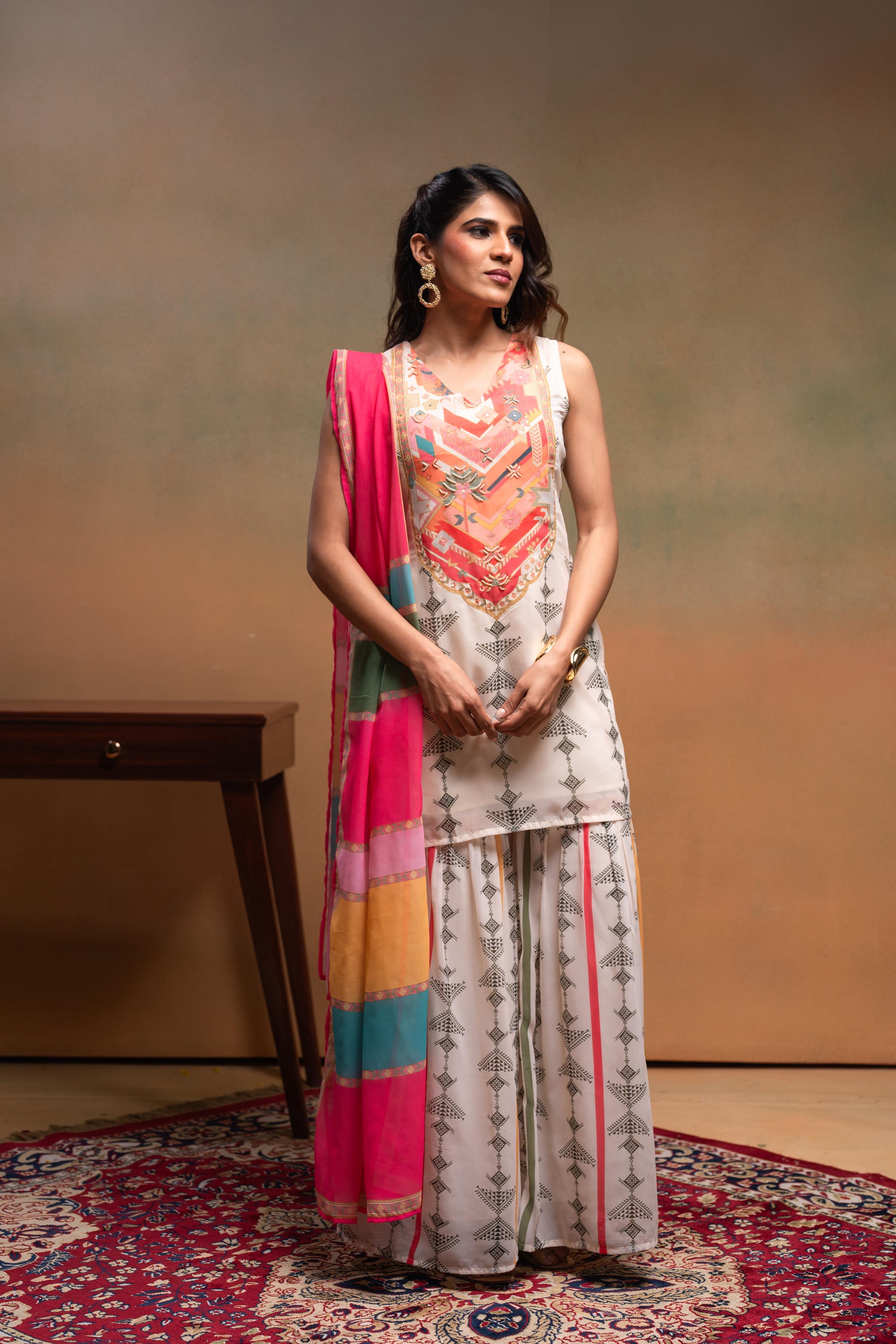 Juniper Ivory Man Made Fiber Floral Embellished Kurta With Sharara & Dupatta Set With Beads Work | Grocsy