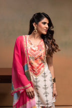 Juniper Ivory Man Made Fiber Floral Embellished Kurta With Sharara & Dupatta Set With Beads Work | Grocsy