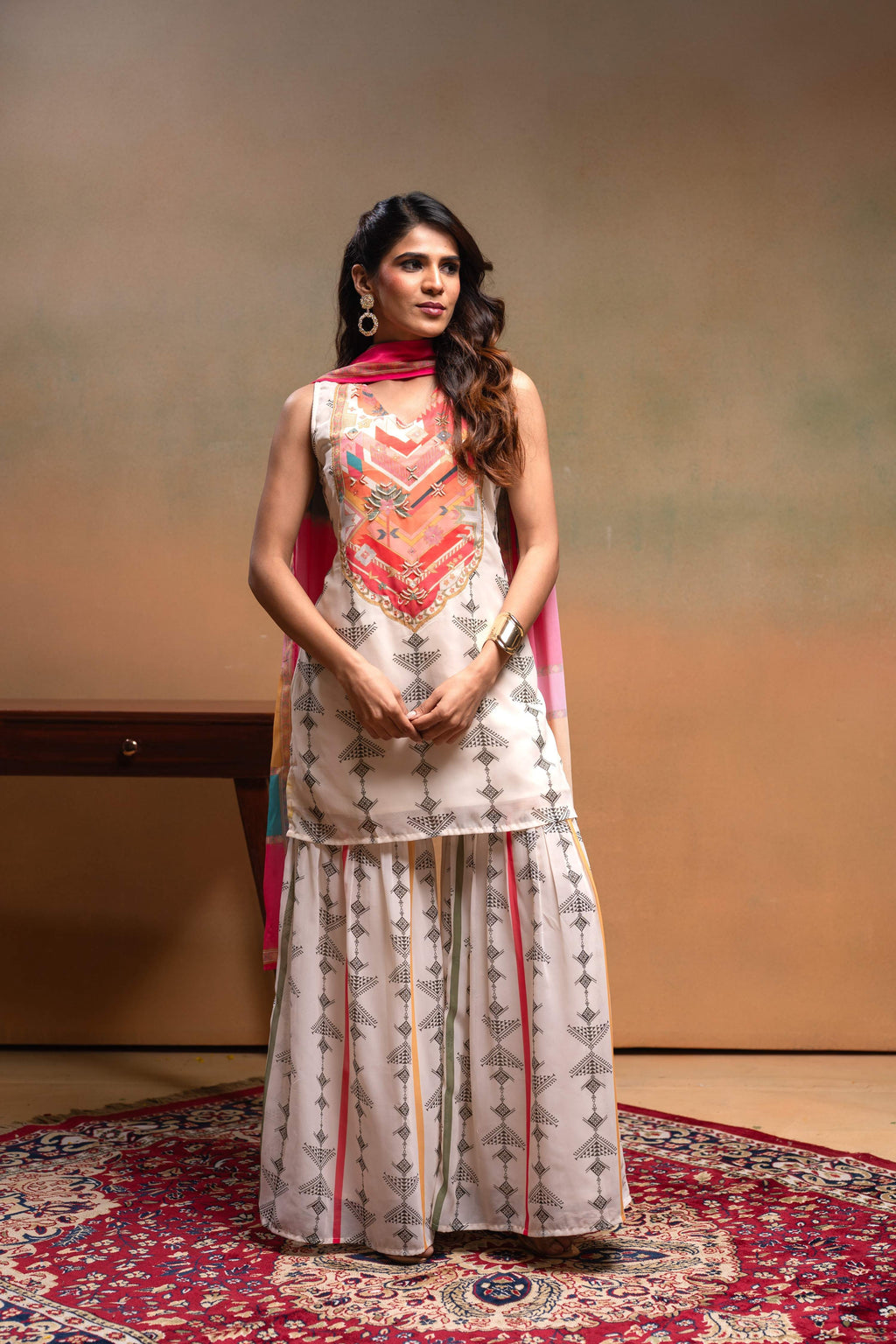 Juniper Ivory Man Made Fiber Floral Embellished Kurta With Sharara & Dupatta Set With Beads Work | Grocsy