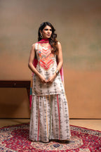 Juniper Ivory Man Made Fiber Floral Embellished Kurta With Sharara & Dupatta Set With Beads Work | Grocsy