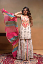 Juniper Ivory Man Made Fiber Floral Embellished Kurta With Sharara & Dupatta Set With Beads Work | Grocsy
