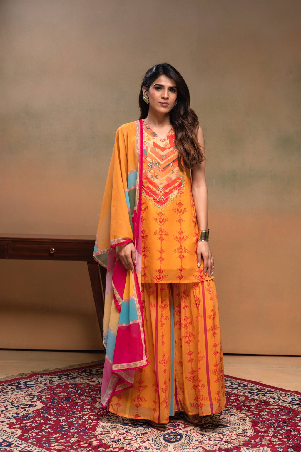 Juniper Mustard Man Made Fiber Floral Embellished Kurta With Sharara & Dupatta Set With Beads Work | Grocsy