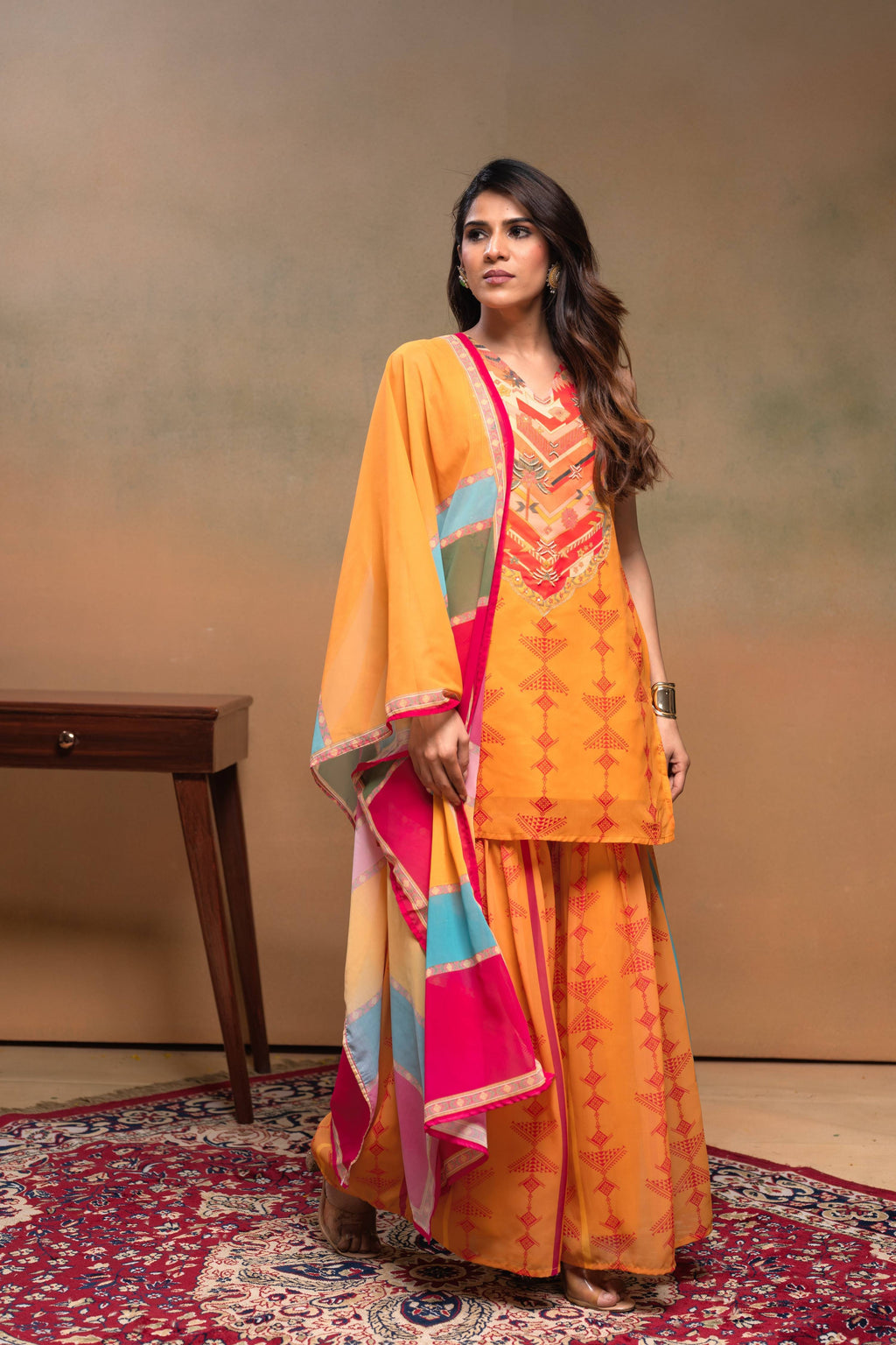 Juniper Mustard Man Made Fiber Floral Embellished Kurta With Sharara & Dupatta Set With Beads Work | Grocsy
