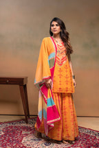 Juniper Mustard Man Made Fiber Floral Embellished Kurta With Sharara & Dupatta Set With Beads Work | Grocsy