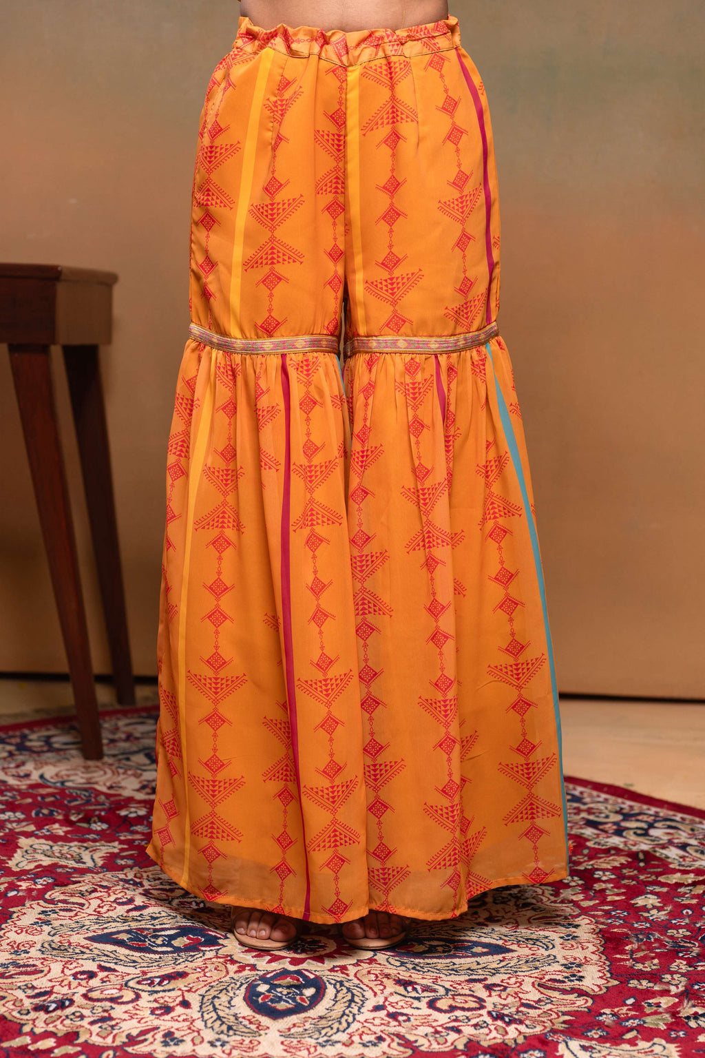 Juniper Mustard Man Made Fiber Floral Embellished Kurta With Sharara & Dupatta Set With Beads Work | Grocsy