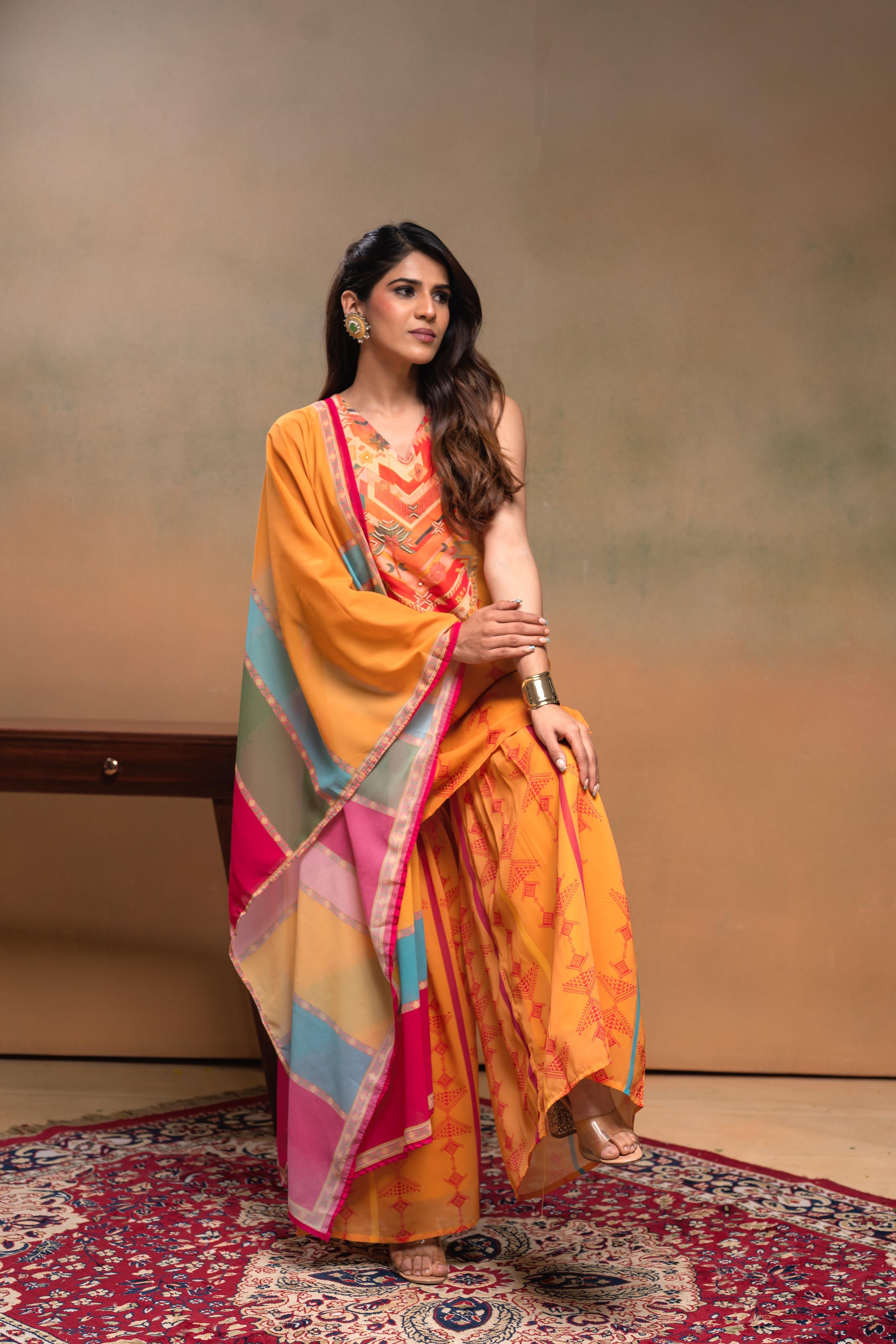 Juniper Mustard Man Made Fiber Floral Embellished Kurta With Sharara & Dupatta Set With Beads Work | Grocsy