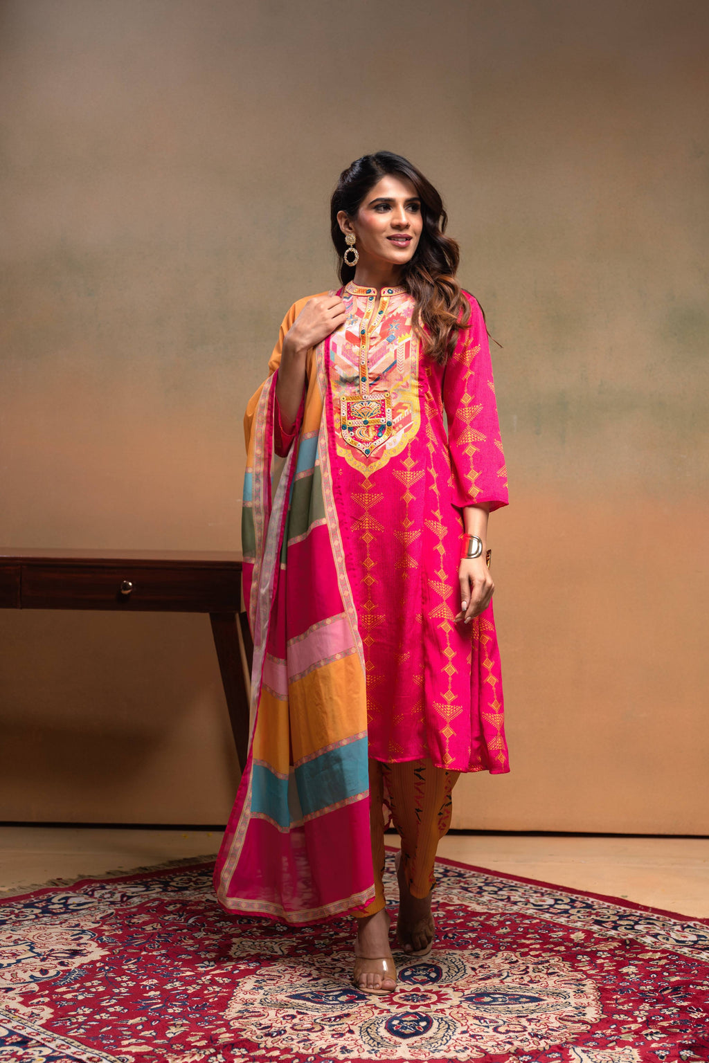 Juniper Fuchsia Man Made Fiber Ethnic A-Line Kurta With Pants & Dupatta Set With Mirror & Thread Work | Grocsy