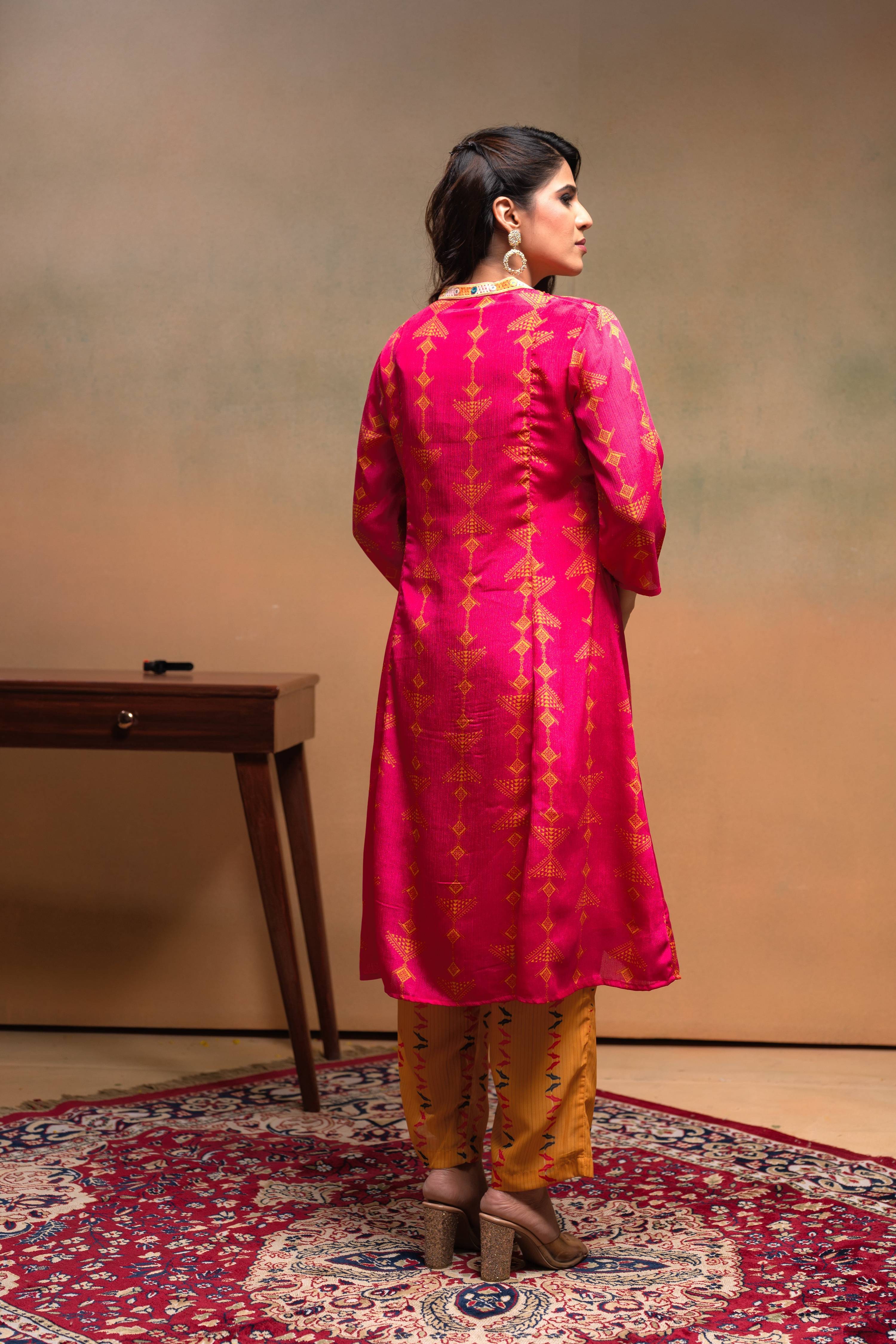 Juniper Fuchsia Man Made Fiber Ethnic A-Line Kurta With Pants & Dupatta Set With Mirror & Thread Work | Grocsy