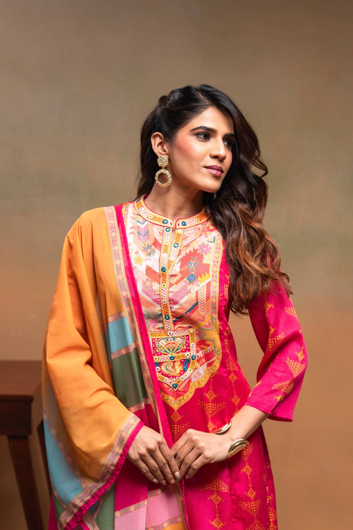 Juniper Fuchsia Man Made Fiber Ethnic A-Line Kurta With Pants & Dupatta Set With Mirror & Thread Work | Grocsy