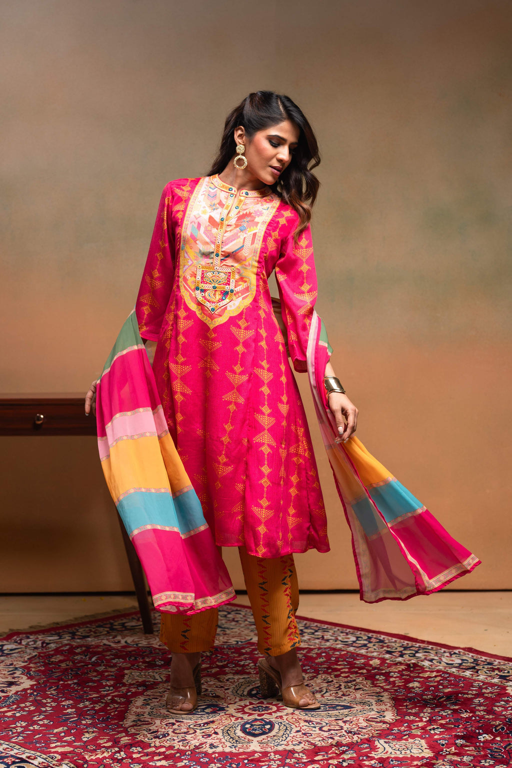 Juniper Fuchsia Man Made Fiber Ethnic A-Line Kurta With Pants & Dupatta Set With Mirror & Thread Work | Grocsy