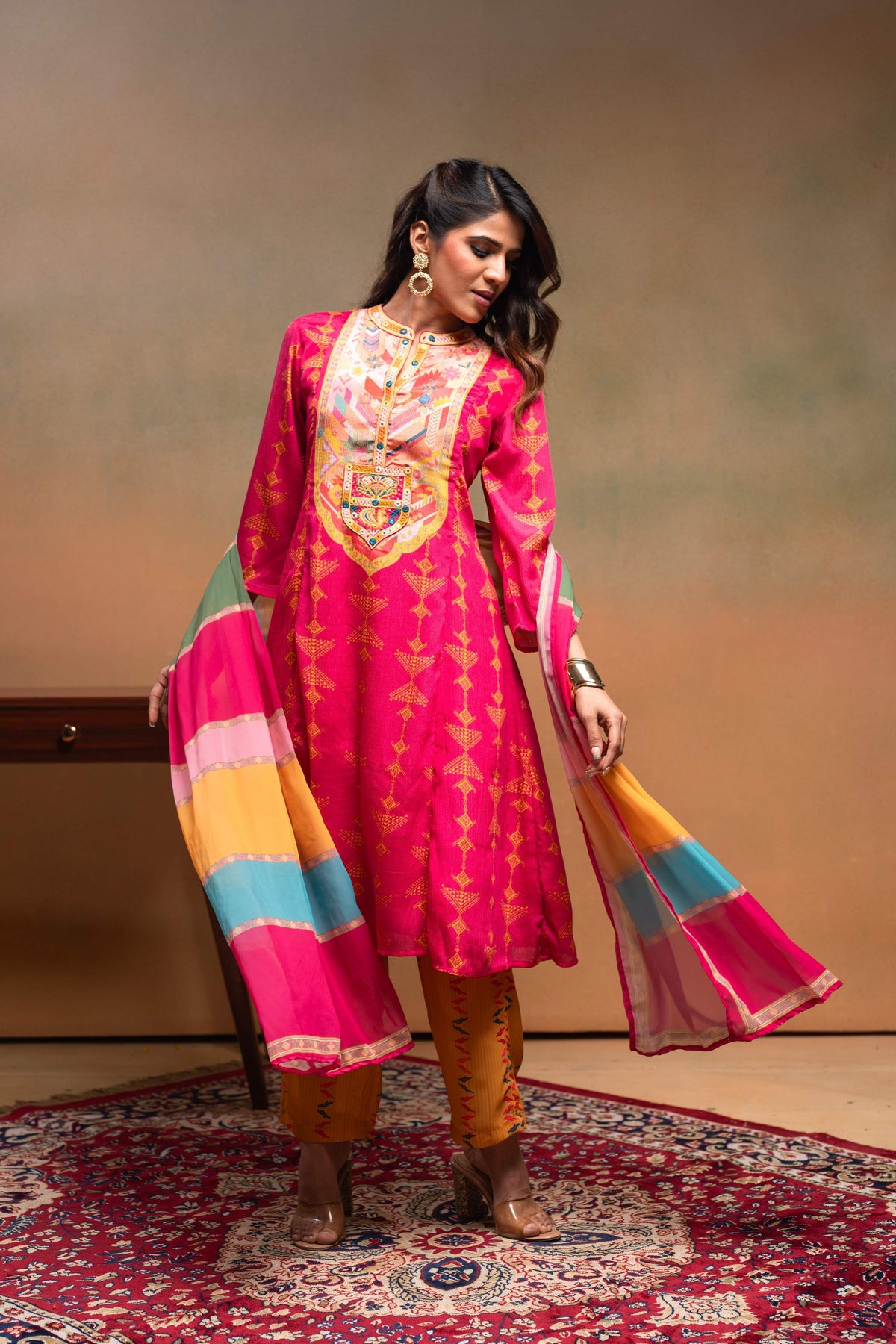 Juniper Fuchsia Man Made Fiber Ethnic A-Line Kurta With Pants & Dupatta Set With Mirror & Thread Work | Grocsy