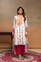 Juniper Ivory Man Made Fiber Ethnic A-Line Kurta With Pants & Dupatta Set With Mirror & Thread Work | Grocsy