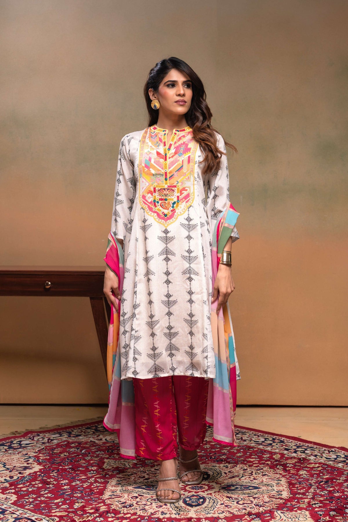 Juniper Ivory Man Made Fiber Ethnic A-Line Kurta With Pants & Dupatta Set With Mirror & Thread Work | Grocsy