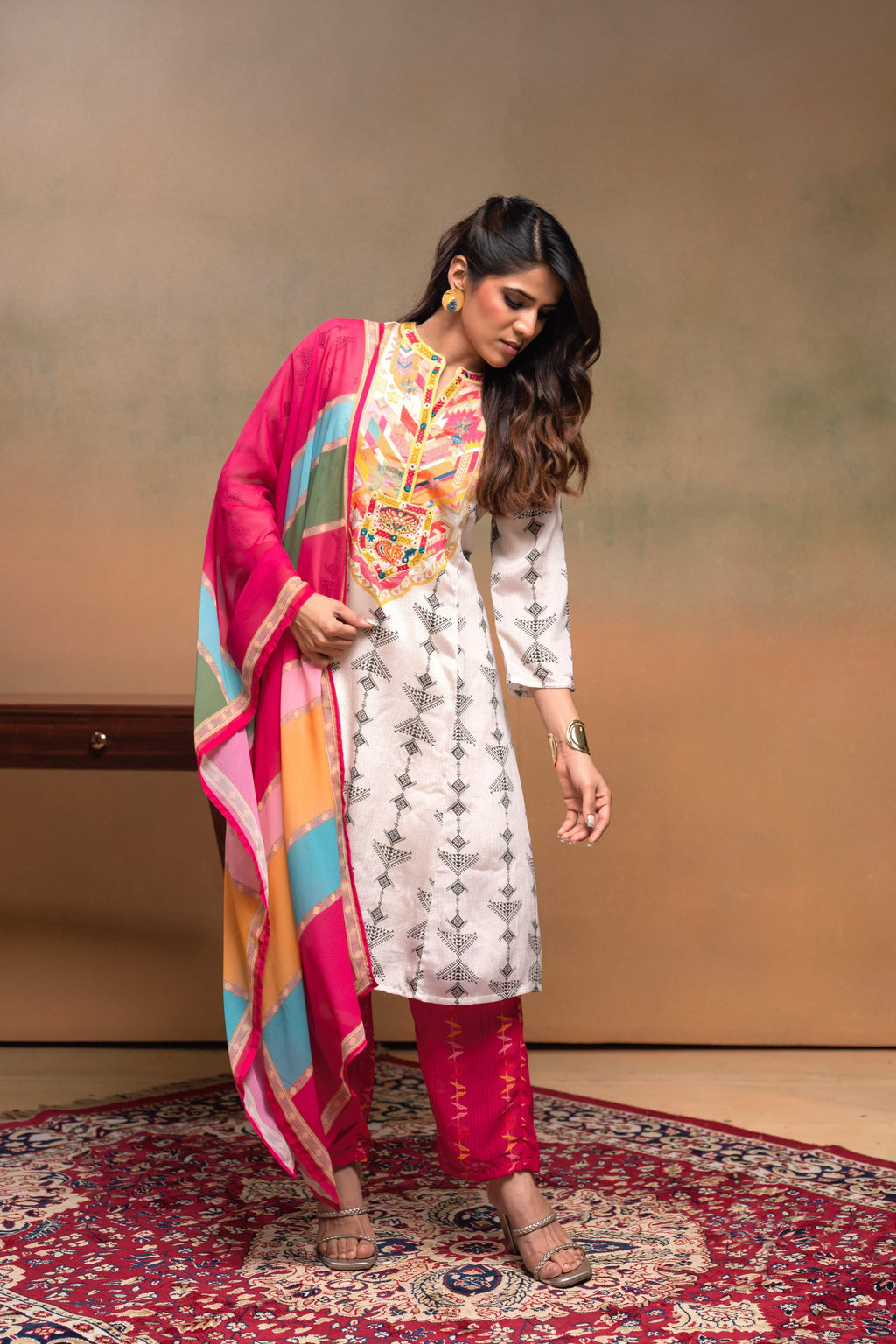 Juniper Ivory Man Made Fiber Ethnic A-Line Kurta With Pants & Dupatta Set With Mirror & Thread Work | Grocsy
