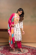 Juniper Ivory Man Made Fiber Ethnic A-Line Kurta With Pants & Dupatta Set With Mirror & Thread Work | Grocsy