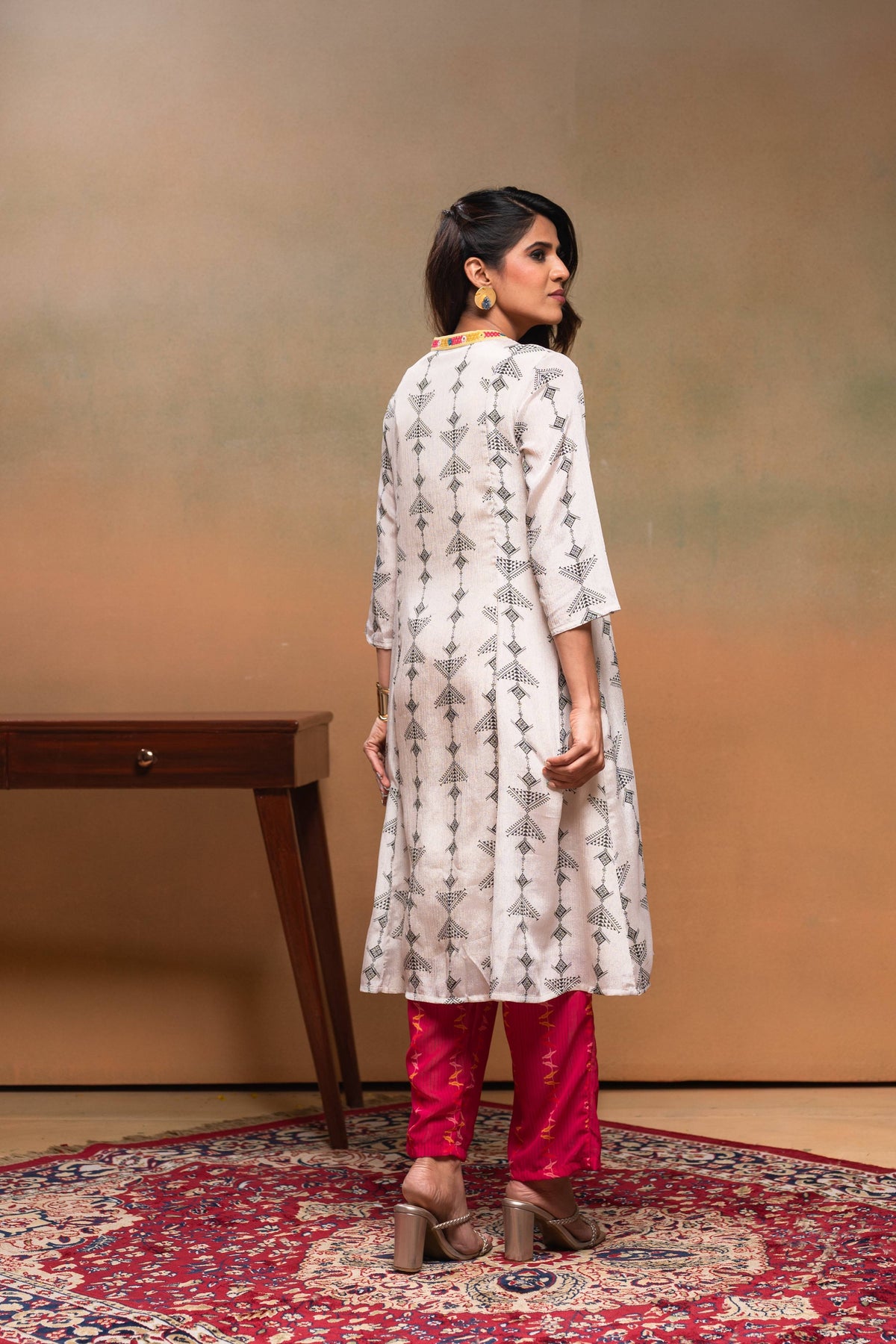 Juniper Ivory Man Made Fiber Ethnic A-Line Kurta With Pants & Dupatta Set With Mirror & Thread Work | Grocsy