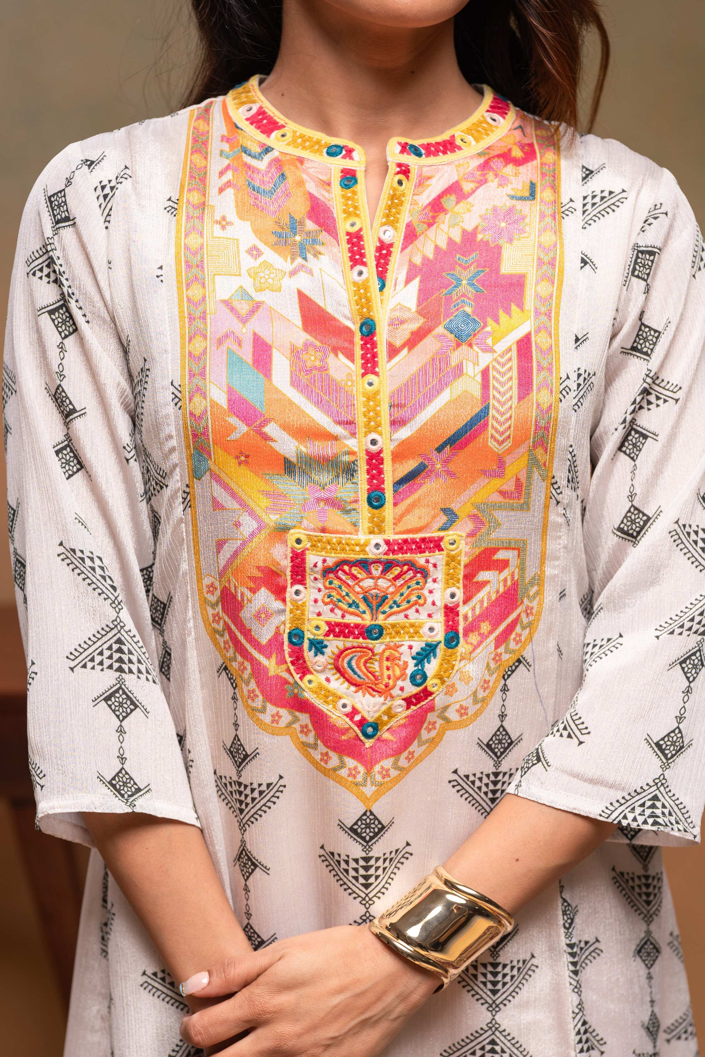 Juniper Ivory Man Made Fiber Ethnic A-Line Kurta With Pants & Dupatta Set With Mirror & Thread Work | Grocsy
