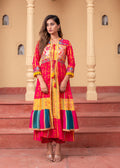 Juniper Fuchsia Man Made Fiber Ethnic Gathered Flared Long Dress With Mirror & Thread Work | Grocsy
