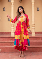 Juniper Fuchsia Man Made Fiber Ethnic Gathered Flared Long Dress With Mirror & Thread Work | Grocsy