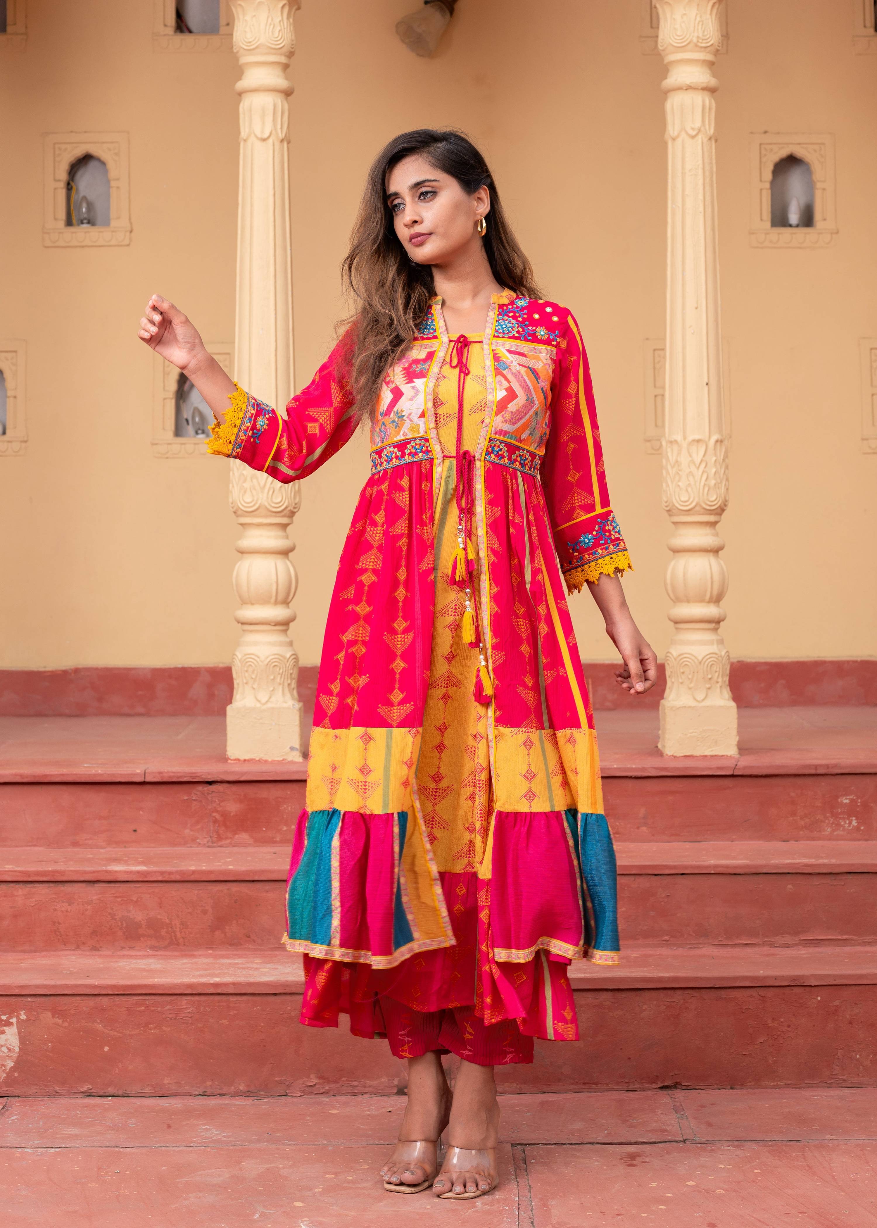 Juniper Fuchsia Man Made Fiber Ethnic Gathered Flared Long Dress With Mirror & Thread Work | Grocsy