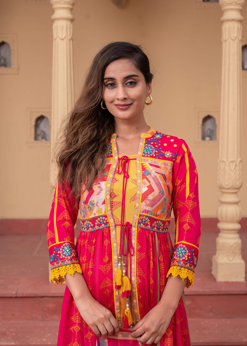 Juniper Fuchsia Man Made Fiber Ethnic Gathered Flared Long Dress With Mirror & Thread Work | Grocsy