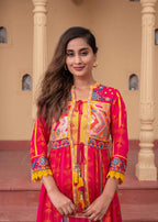 Juniper Fuchsia Man Made Fiber Ethnic Gathered Flared Long Dress With Mirror & Thread Work | Grocsy