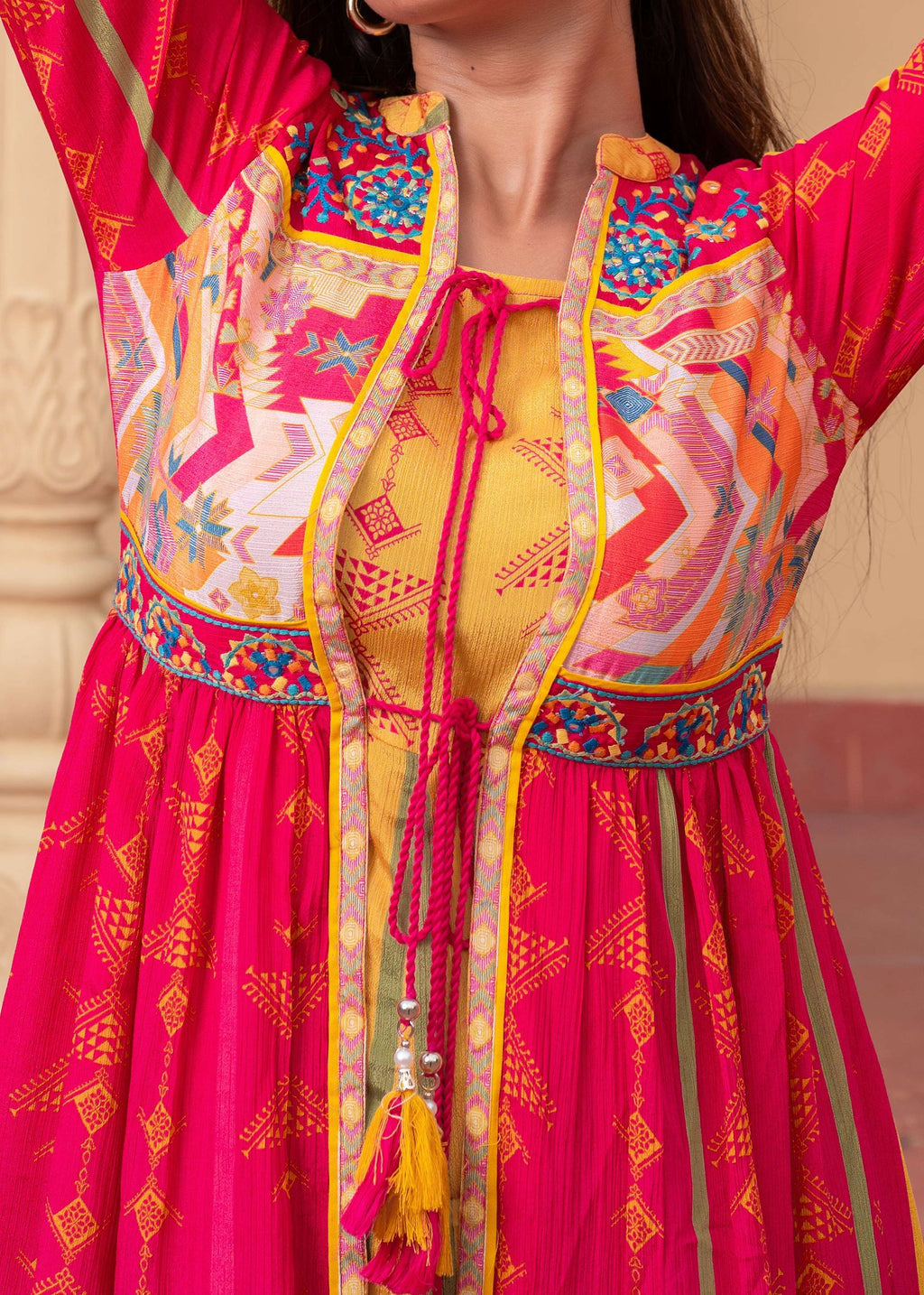 Juniper Fuchsia Man Made Fiber Ethnic Gathered Flared Long Dress With Mirror & Thread Work | Grocsy