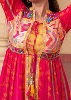 Juniper Fuchsia Man Made Fiber Ethnic Gathered Flared Long Dress With Mirror & Thread Work | Grocsy