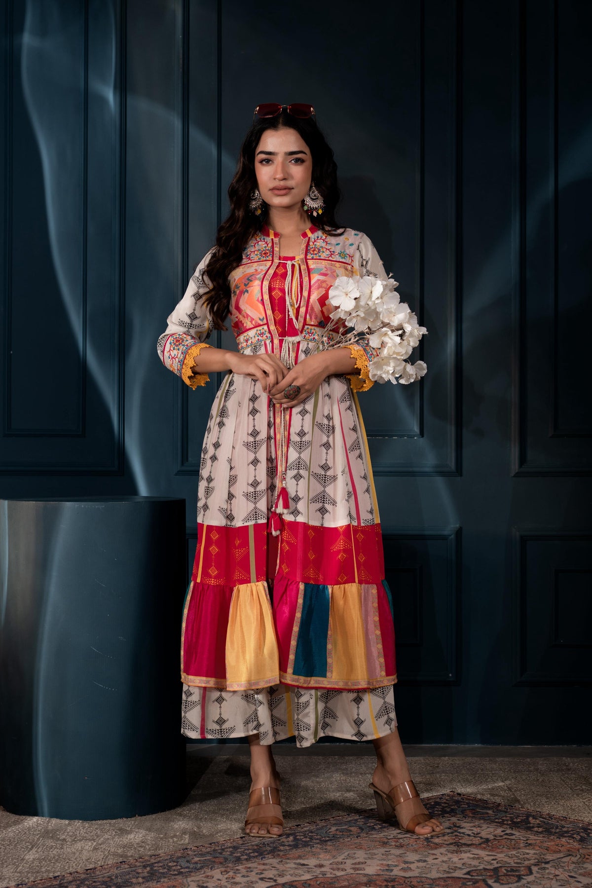Juniper Ivory Man Made Fiber Ethnic Gathered Flared Long Dress With Mirror & Thread Work | Grocsy